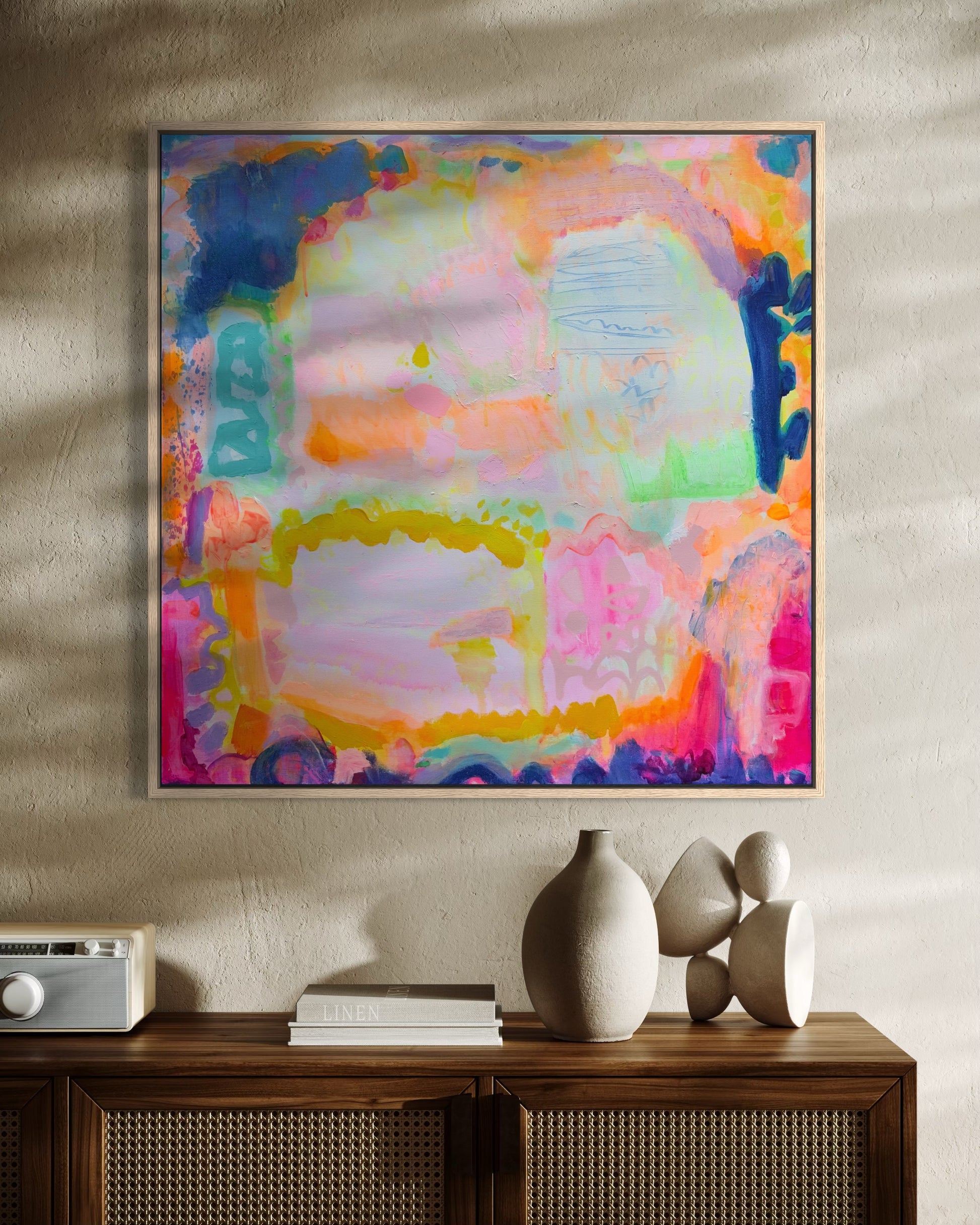 Kathryn Sillince Artist 'Ravishing' 80cm x 80cm abstract artwork with vibrant colors and textured brushstrokes.