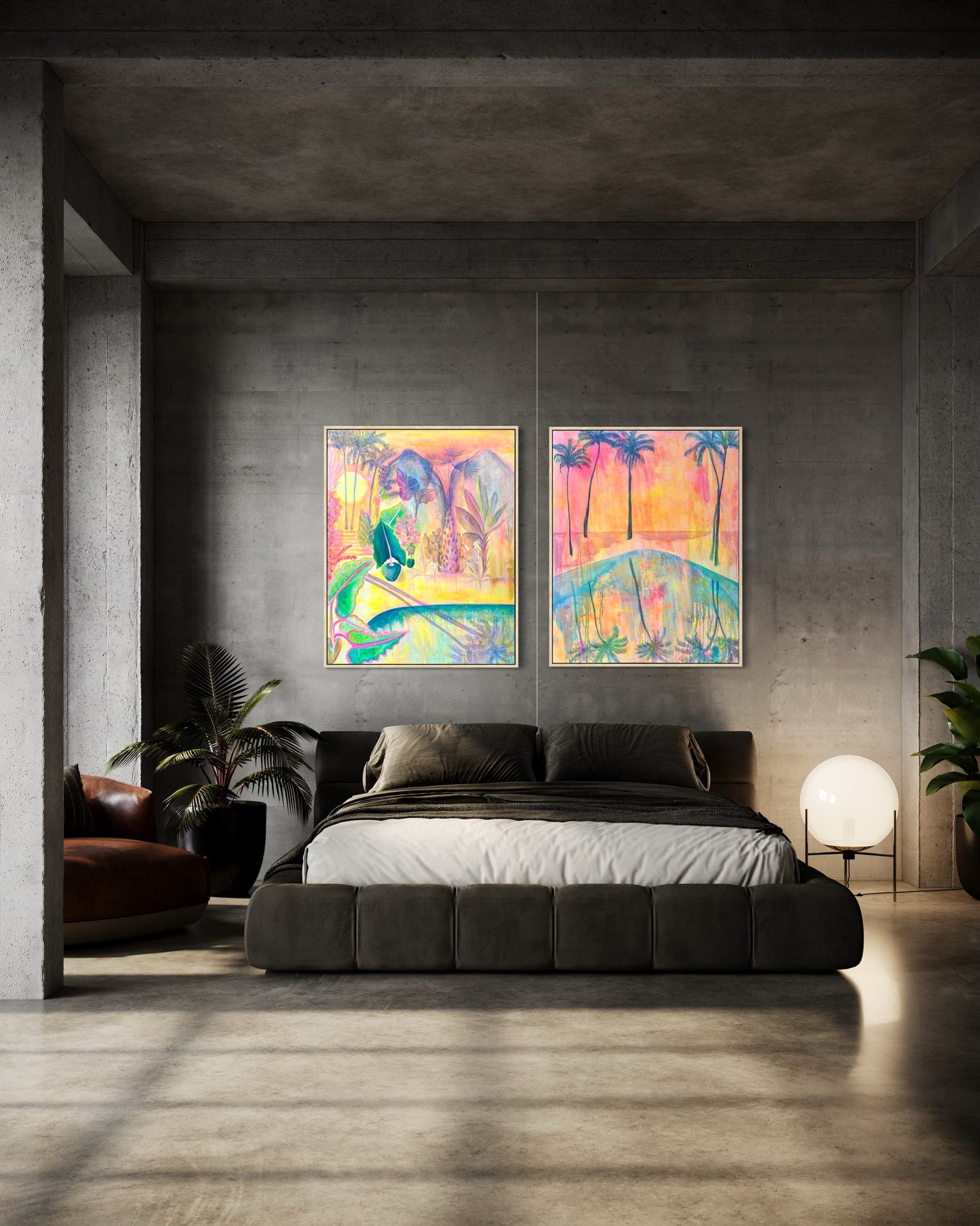 Botanical print set featuring 'Twilight Tropics' and 'Swaying Into Sunset' by Kathryn Sillince Artist, showcasing vibrant tropical plant artwork.