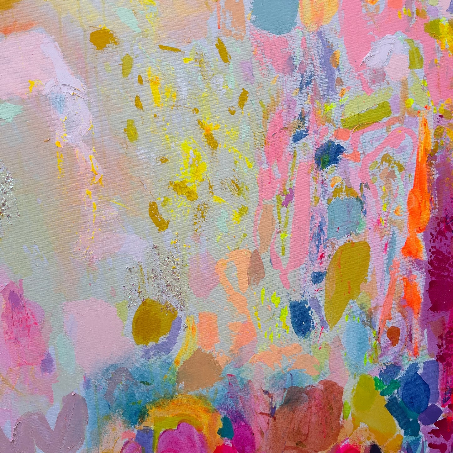 Abstract floral art print titled "The Time Of Our Lives" by Kathryn Sillince, 122cm x 122cm, featuring vibrant colorful blooms.
