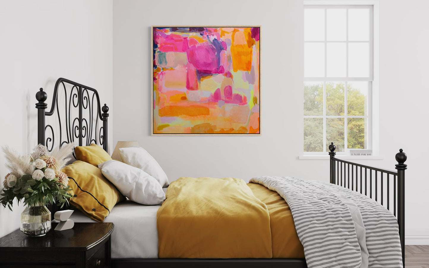 Sunbeams and Daydreams art print by Kathryn Sillince, 92cm x 92cm, featuring a vibrant, dreamy landscape with warm sunlight and soft colors.