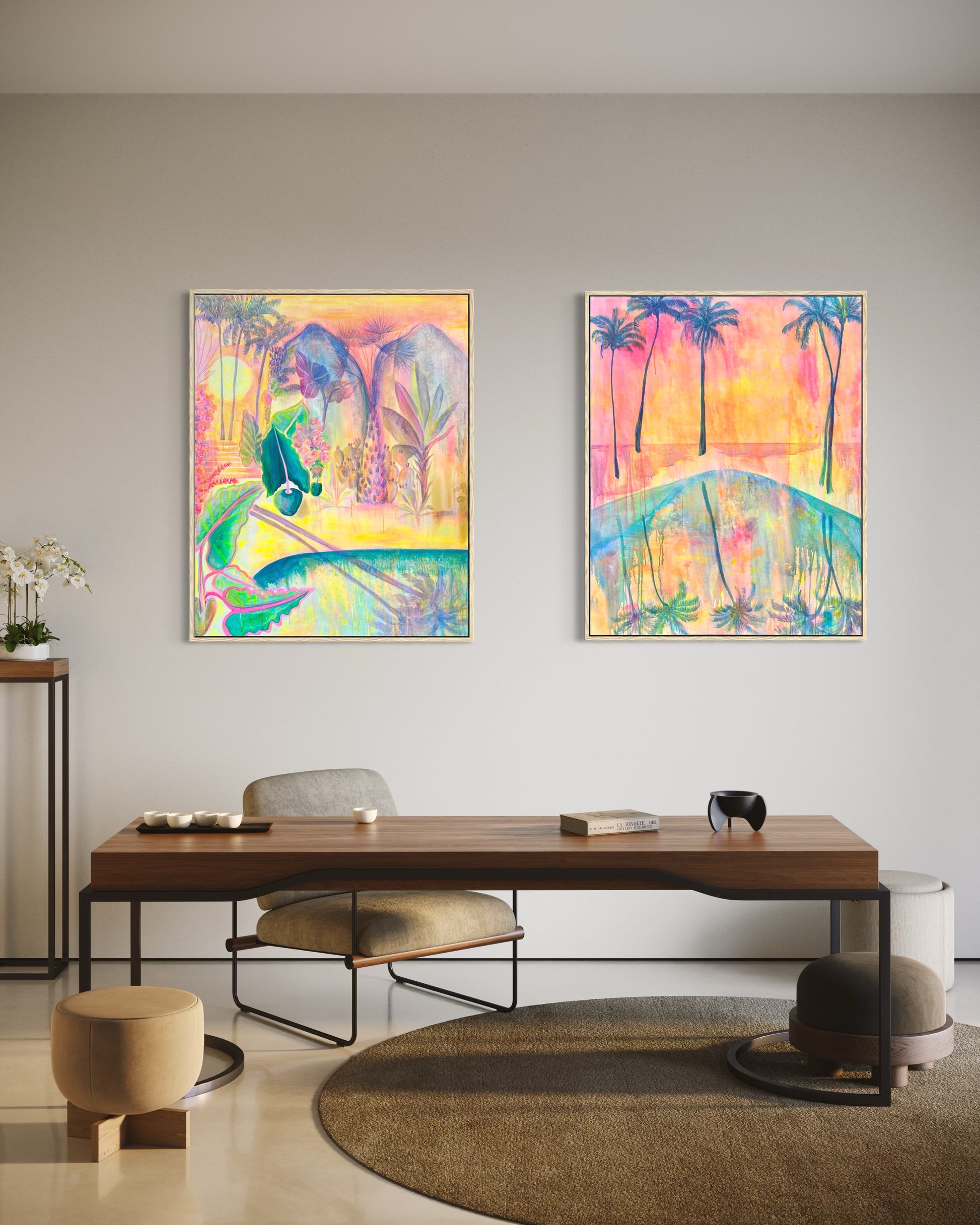 Botanical print set by Kathryn Sillince featuring 'Twilight Tropics' and 'Swaying Into Sunset' with vibrant, tropical plant illustrations.