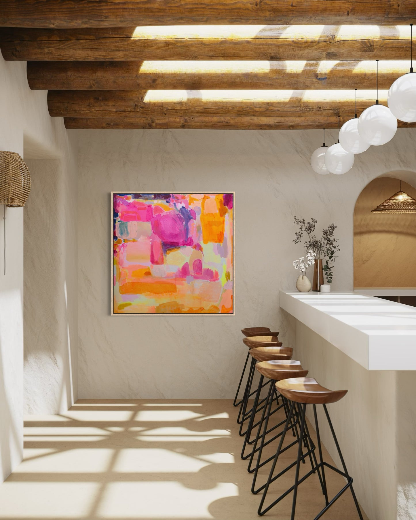 Sunbeams and Daydreams by Kathryn Sillince, vibrant 92cm x 92cm abstract artwork featuring bright sunbeams and dreamy colors.