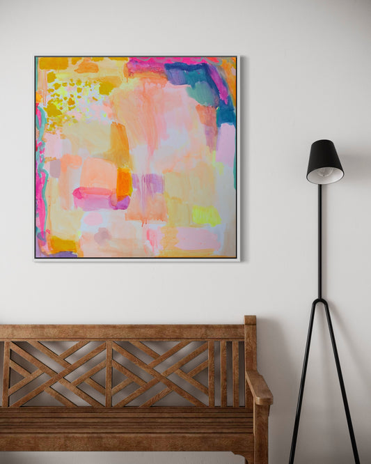 Kathryn Sillince Artist's 90cm x 90cm artwork titled "So Many Things To Look Forward To" displayed in a frame.
