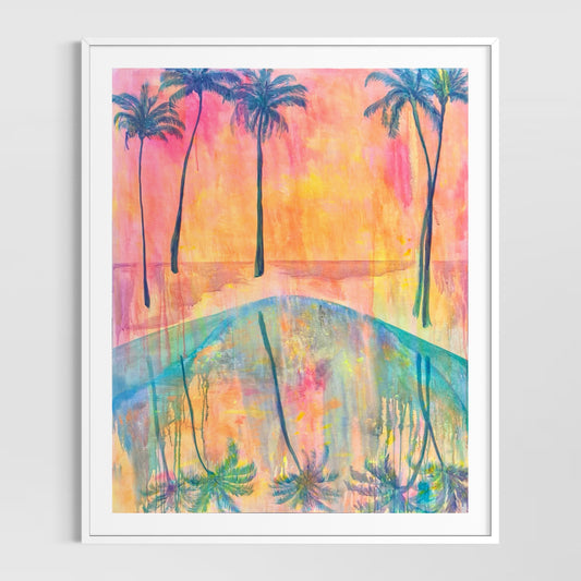 Swaying Into Sunset paper print by Kathryn Sillince Artist featuring a vibrant sunset scene with trees and natural landscape.