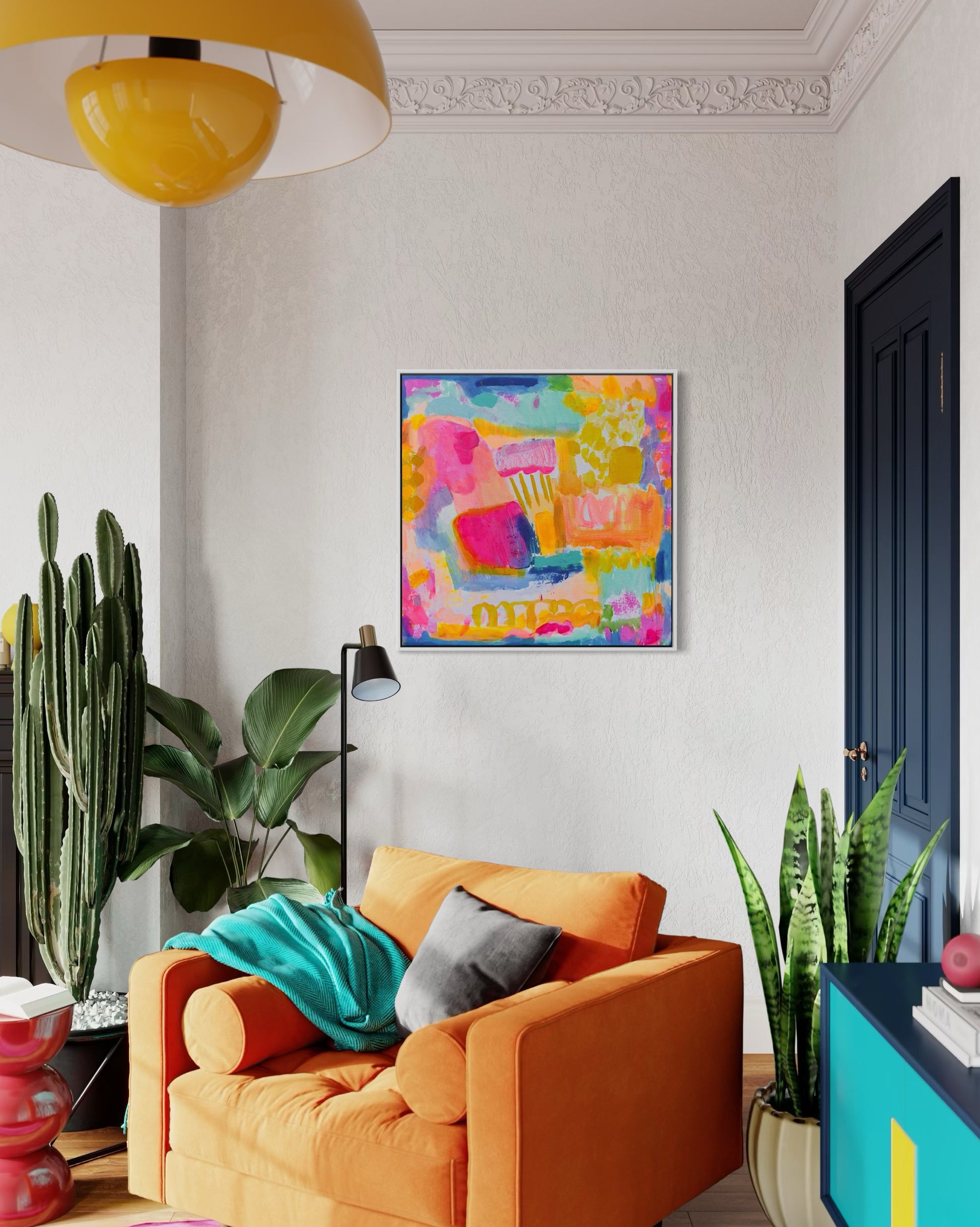 Kathryn Sillince Artist's 80cm x 80cm 'Zenith of Summer' abstract wall art with vibrant, warm colors and textured brushstrokes.