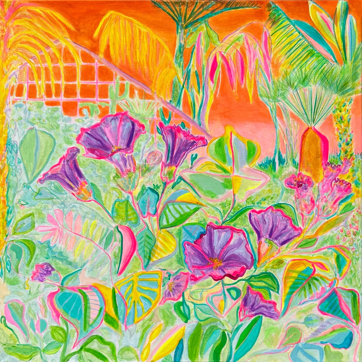 Canvas print of 'Apocalyptic Fanfare' by Kathryn Sillince, featuring vibrant, abstract artwork with bold colors and dynamic shapes.