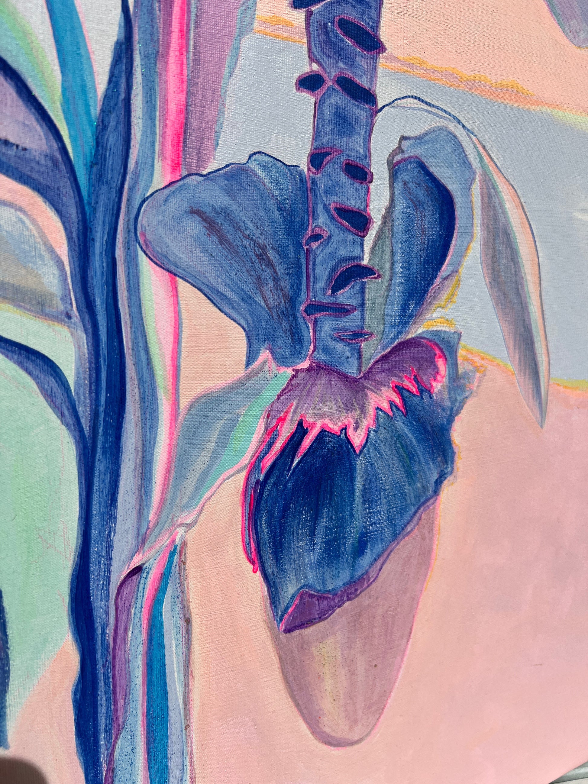 Colorful paper print titled ‘Flourishing By Moonlight’ by Kathryn Sillince Artist, showcasing vibrant floral and moonlit scene.