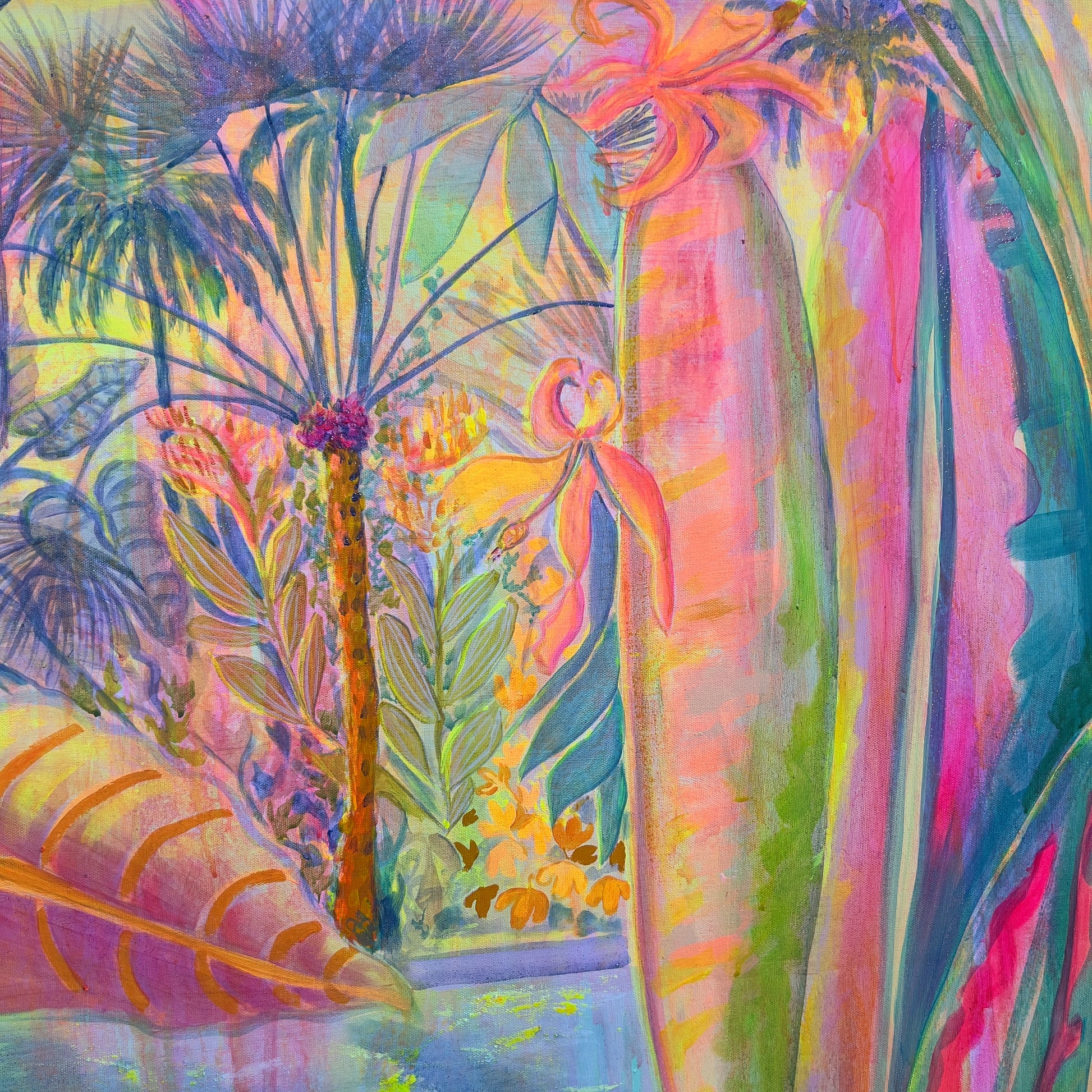 Iridescent Skies paper print by Kathryn Sillince Artist featuring a tranquil poolside scene with shimmering, colorful sky reflections