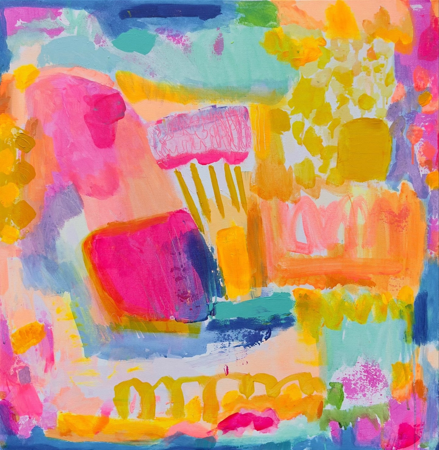 Kathryn Sillince Artist's 'Zenith of Summer' 80cm x 80cm abstract landscape painting on canvas, featuring vibrant colors and textured brushstrokes.