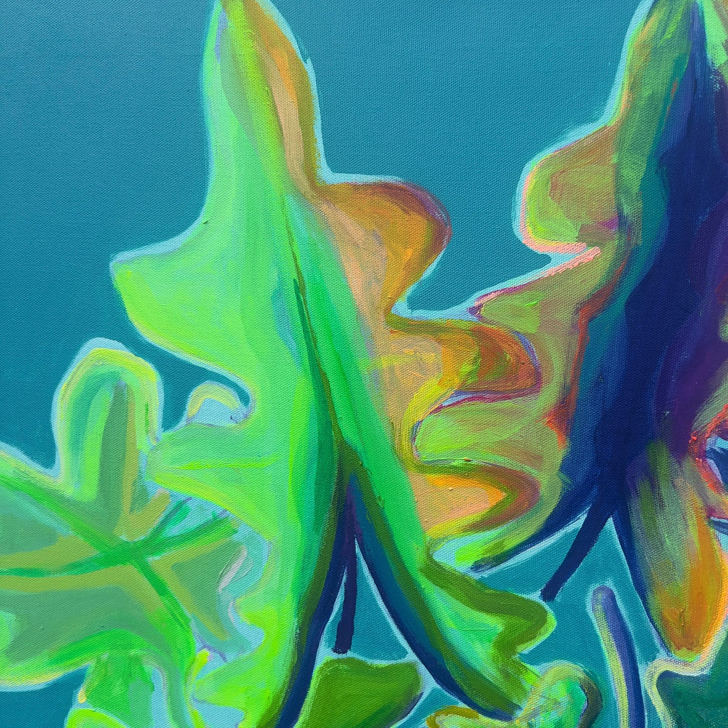 Alocasia study artwork featuring turquoise and emerald leaves, 66cm by 71cm, by Kathryn Sillince Artist.