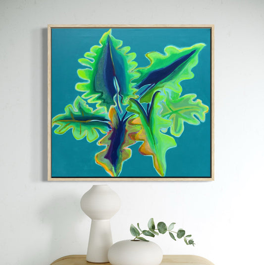 Kathryn Sillince artist Alocasia study artwork featuring turquoise and emerald leaves, measuring 66cm by 71cm, vibrant botanical illustration.