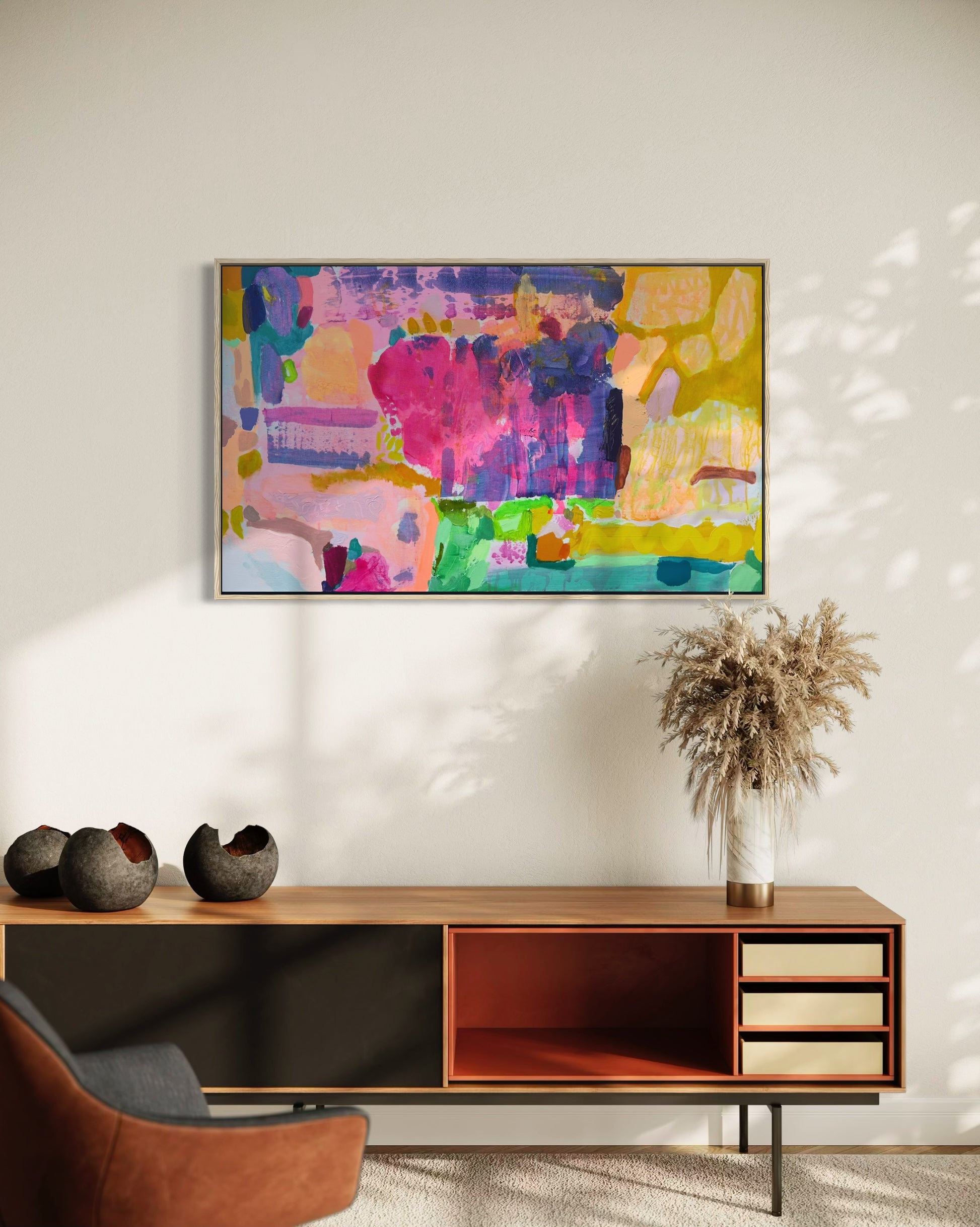 Hotdog artwork by Kathryn Sillince Artist, 102cm x 61.5cm, colorful abstract painting on canvas.