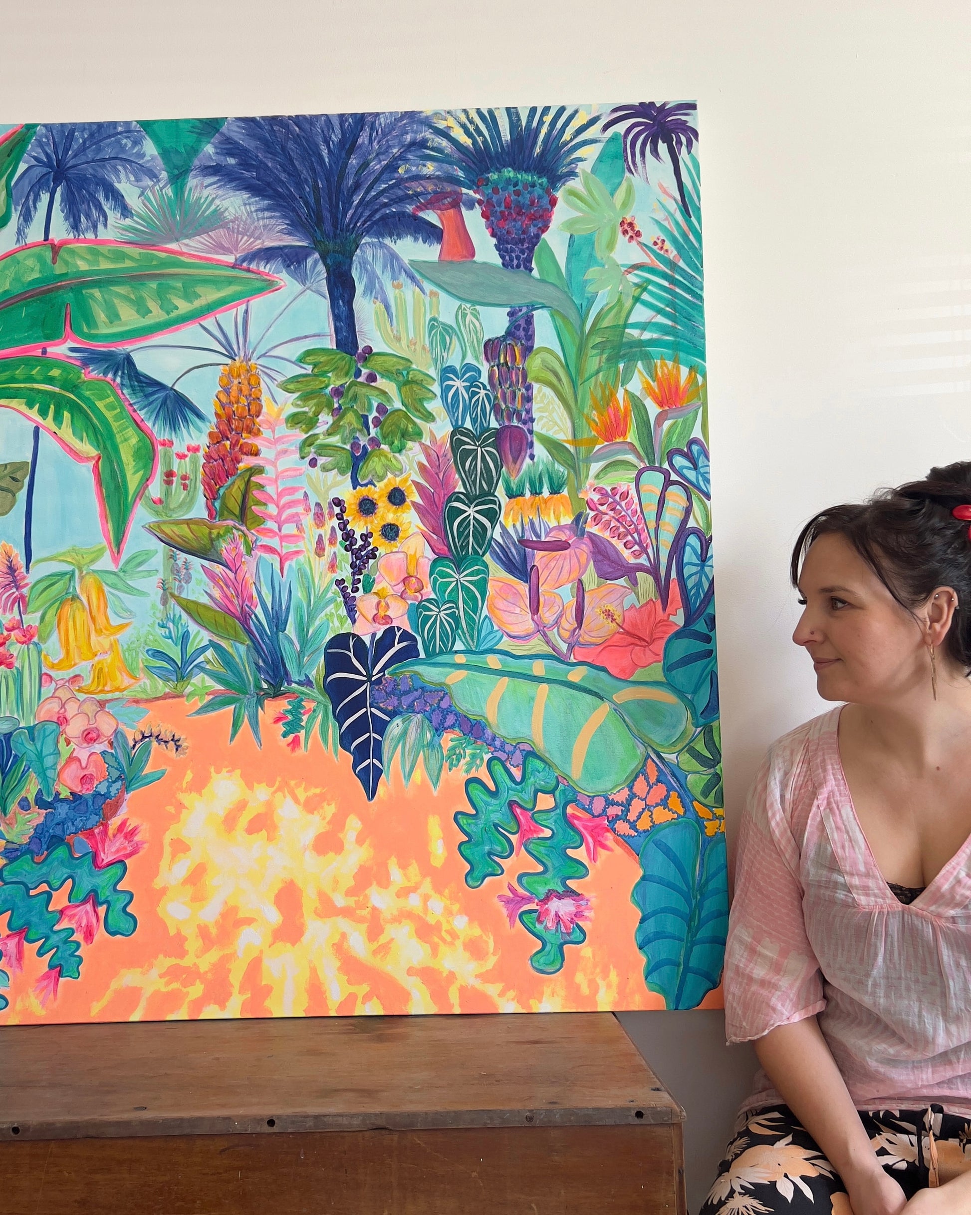 Kathryn Sillince Artist Paradise Gardens artwork, 122cm x 122cm, featuring vibrant garden scene with lush plants and colorful flowers.