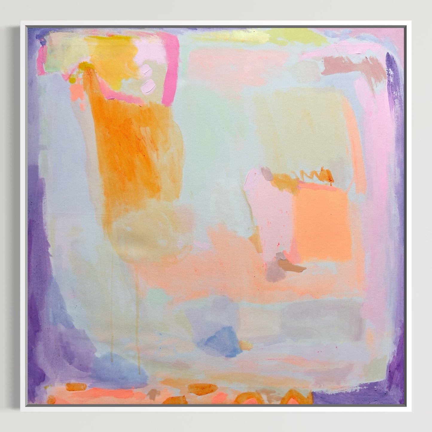 Colorful abstract painting by Kathryn Sillince featuring orange and purple haze in a 92cm x 92cm canvas.