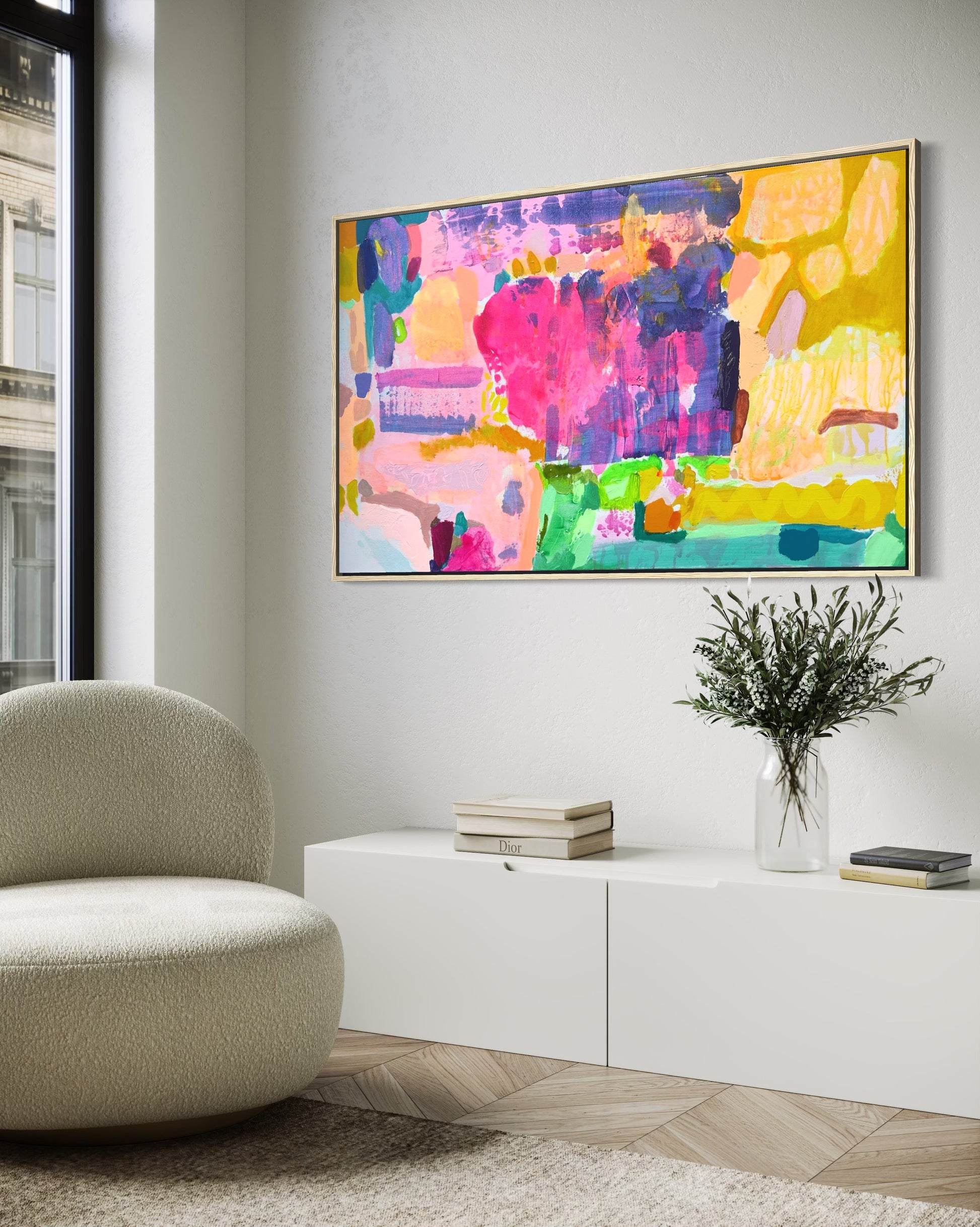 Colorful hotdog illustration by Kathryn Sillince Artist, featuring vibrant details and bold lines on a 102cm by 61.5cm canvas.