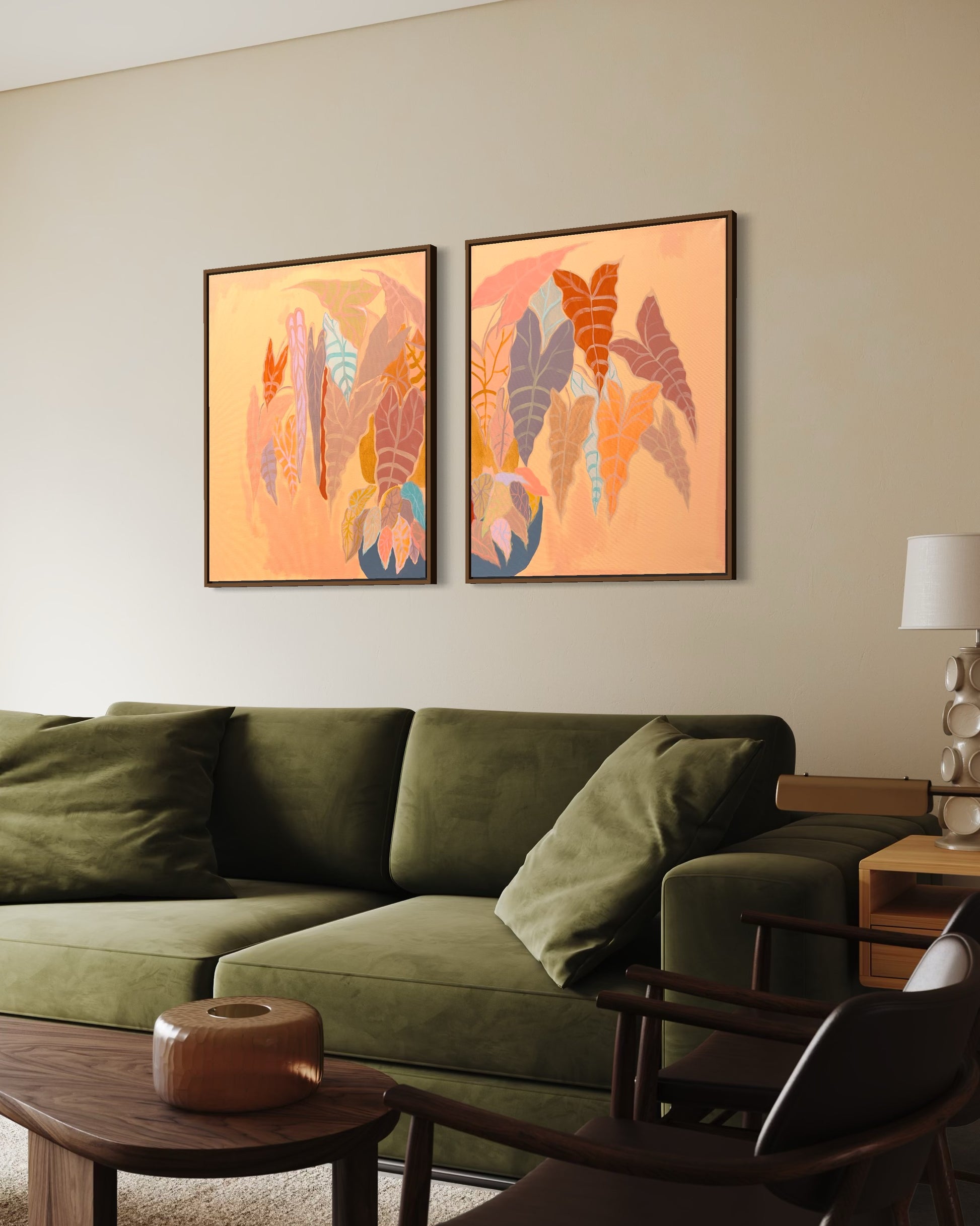 Burnt coral Alocasia and Begonia artwork diptych by Kathryn Sillince, featuring vibrant botanical illustrations on canvas.