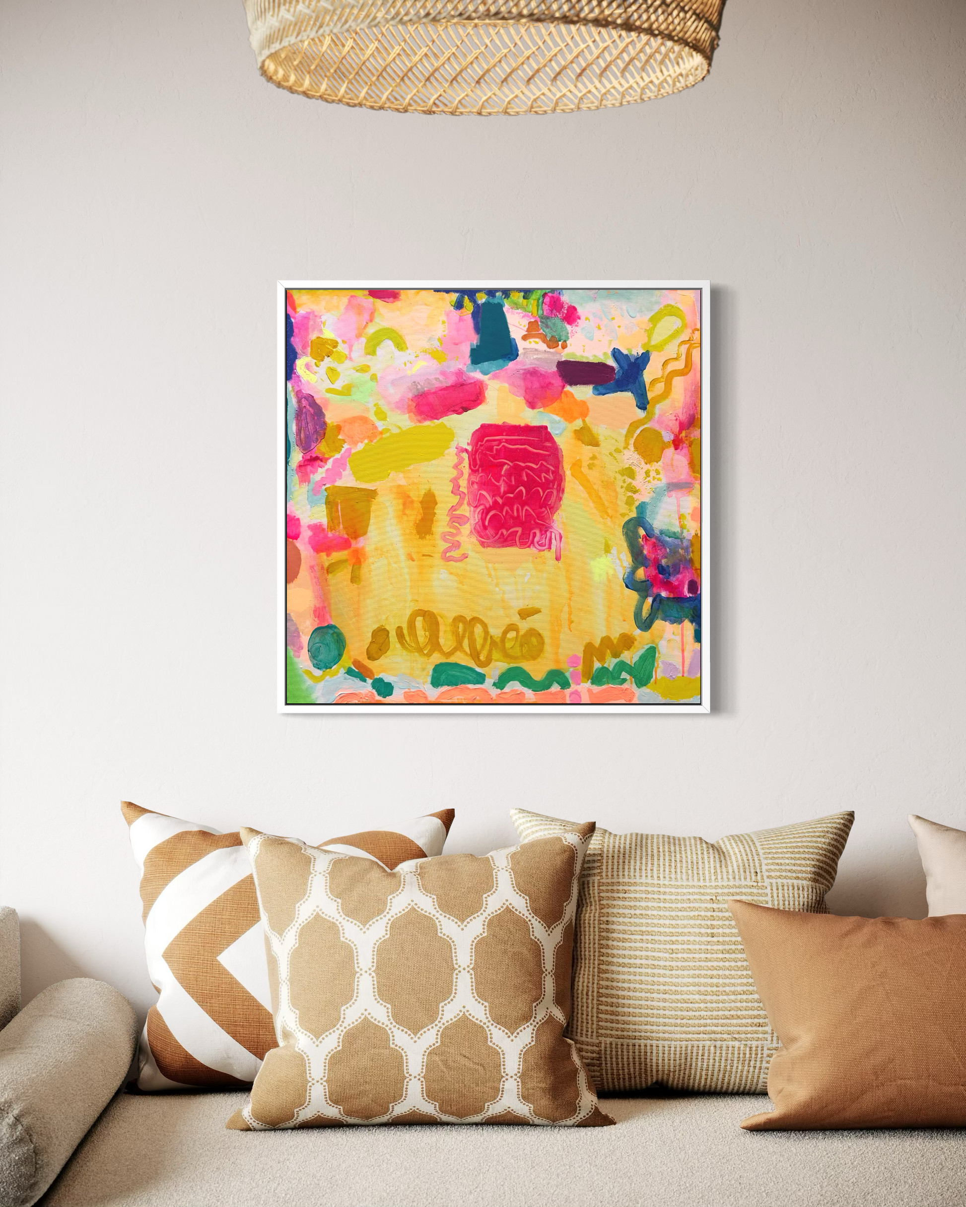 Colorful quilted fabric art piece titled ‘Sweeties’ by Kathryn Sillince Artist, measuring 61cm square.