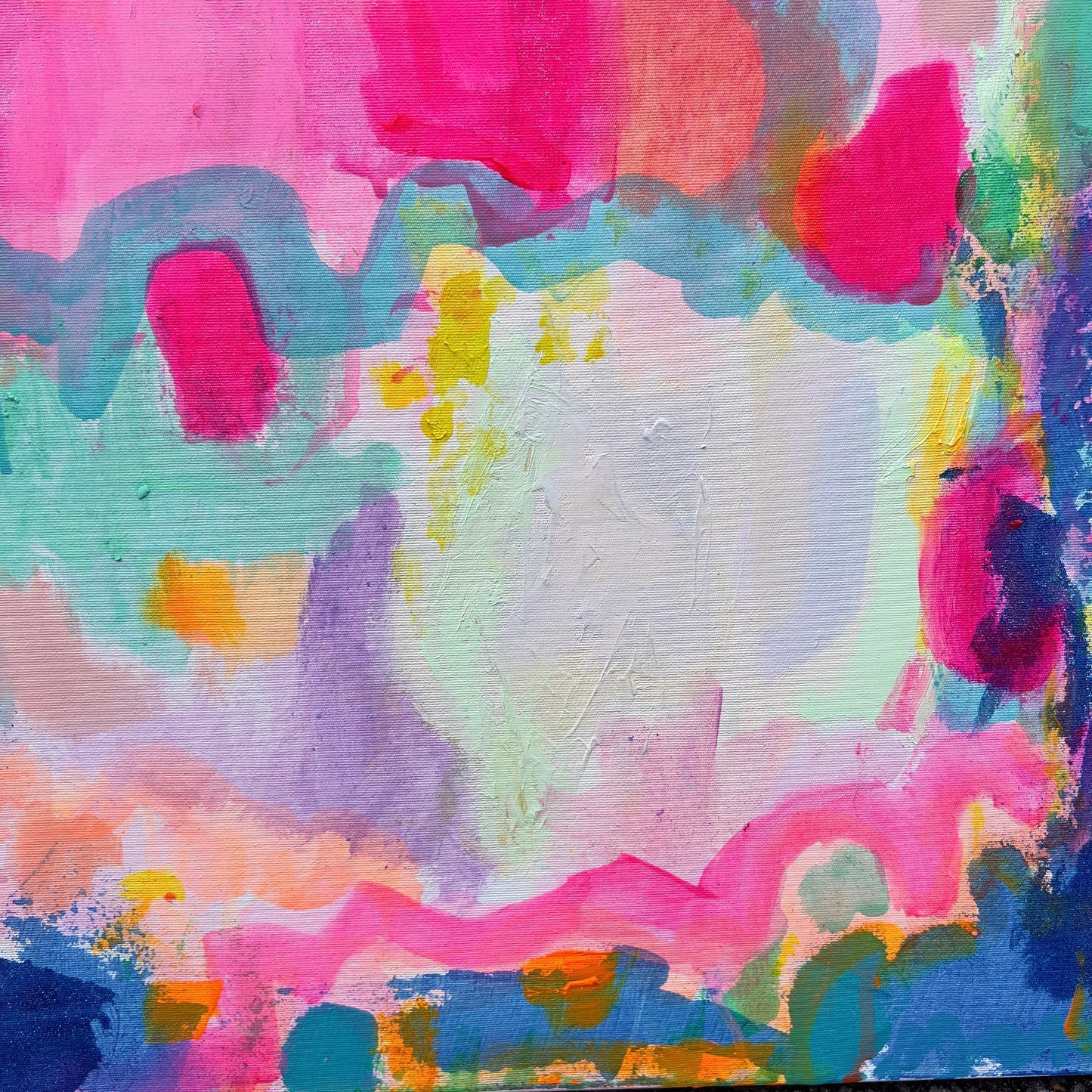 Kathryn Sillince Artist summer-themed artwork, 80cm x 80cm, vibrant floral design with bright colors and artistic brushstrokes.