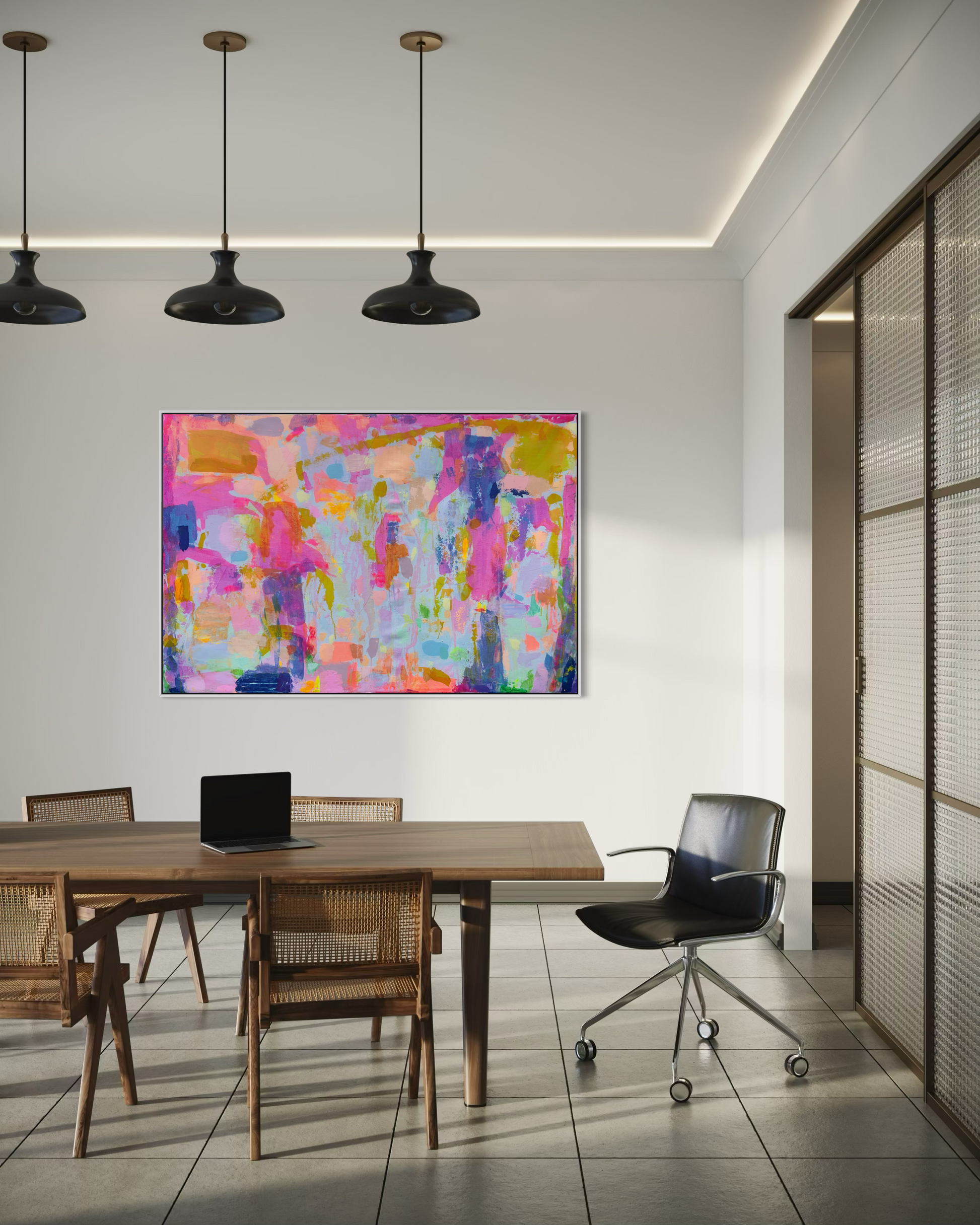 Colorful abstract painting titled “Everyday Happiness” by Kathryn Sillince, measuring 153cm by 103cm, with vibrant brushstrokes.