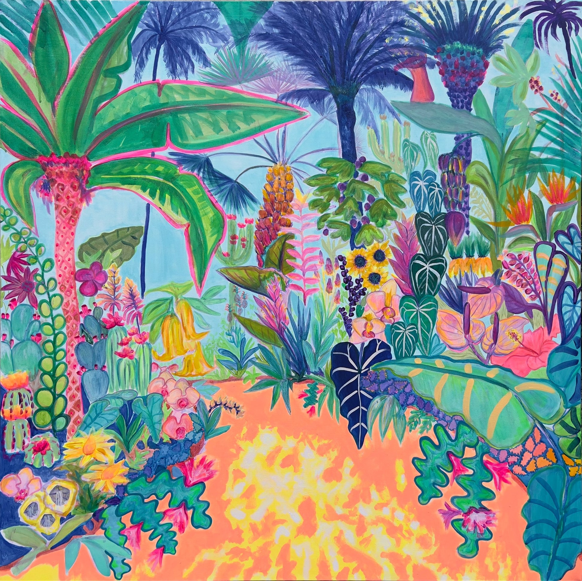 Kathryn Sillince Artist Paradise Gardens 122cm x 122cm abstract floral artwork on canvas, vibrant colors and intricate details.