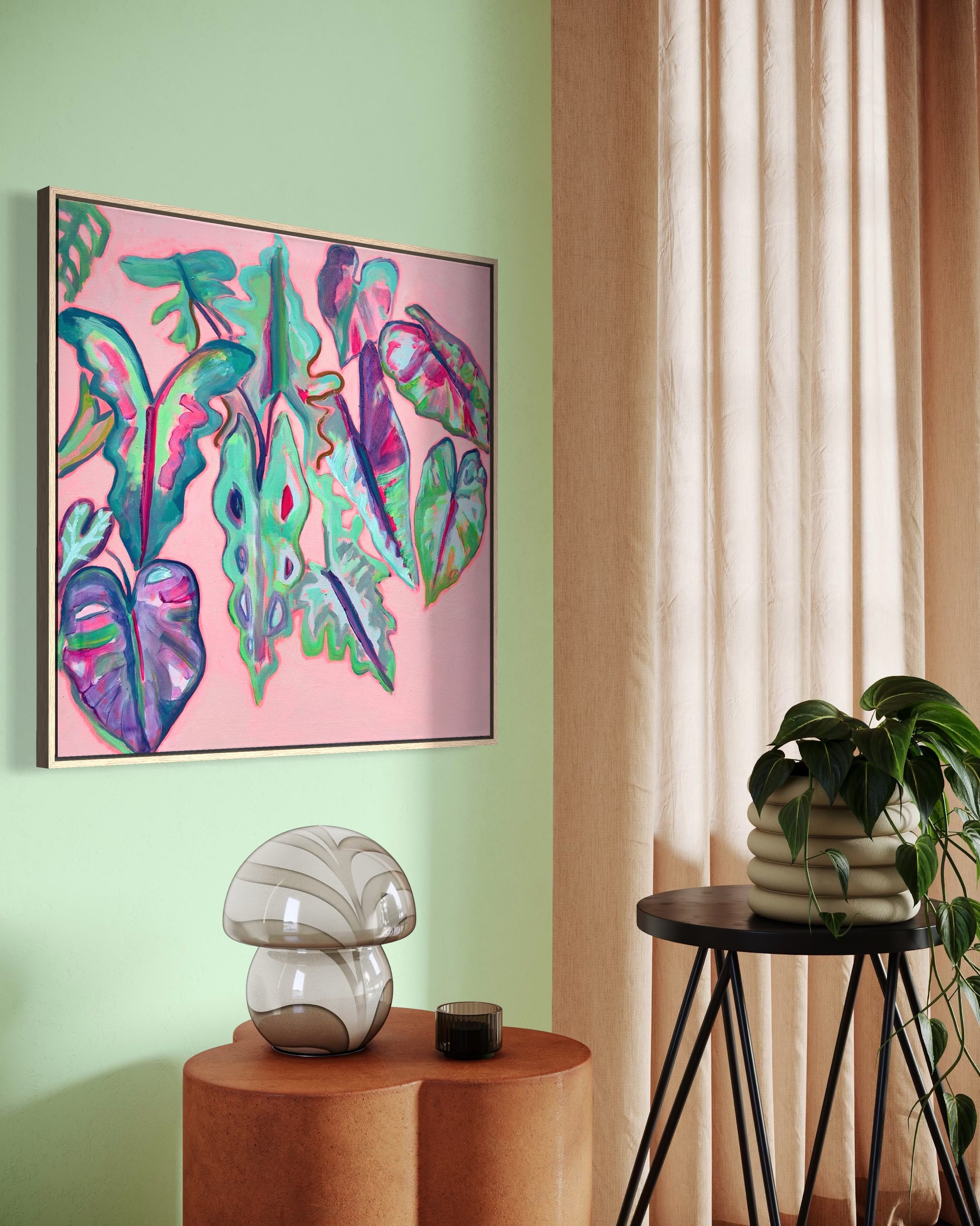 Alocasia Study III artwork by Kathryn Sillince, featuring vibrant botanical illustration on 82cm x 82cm canvas.