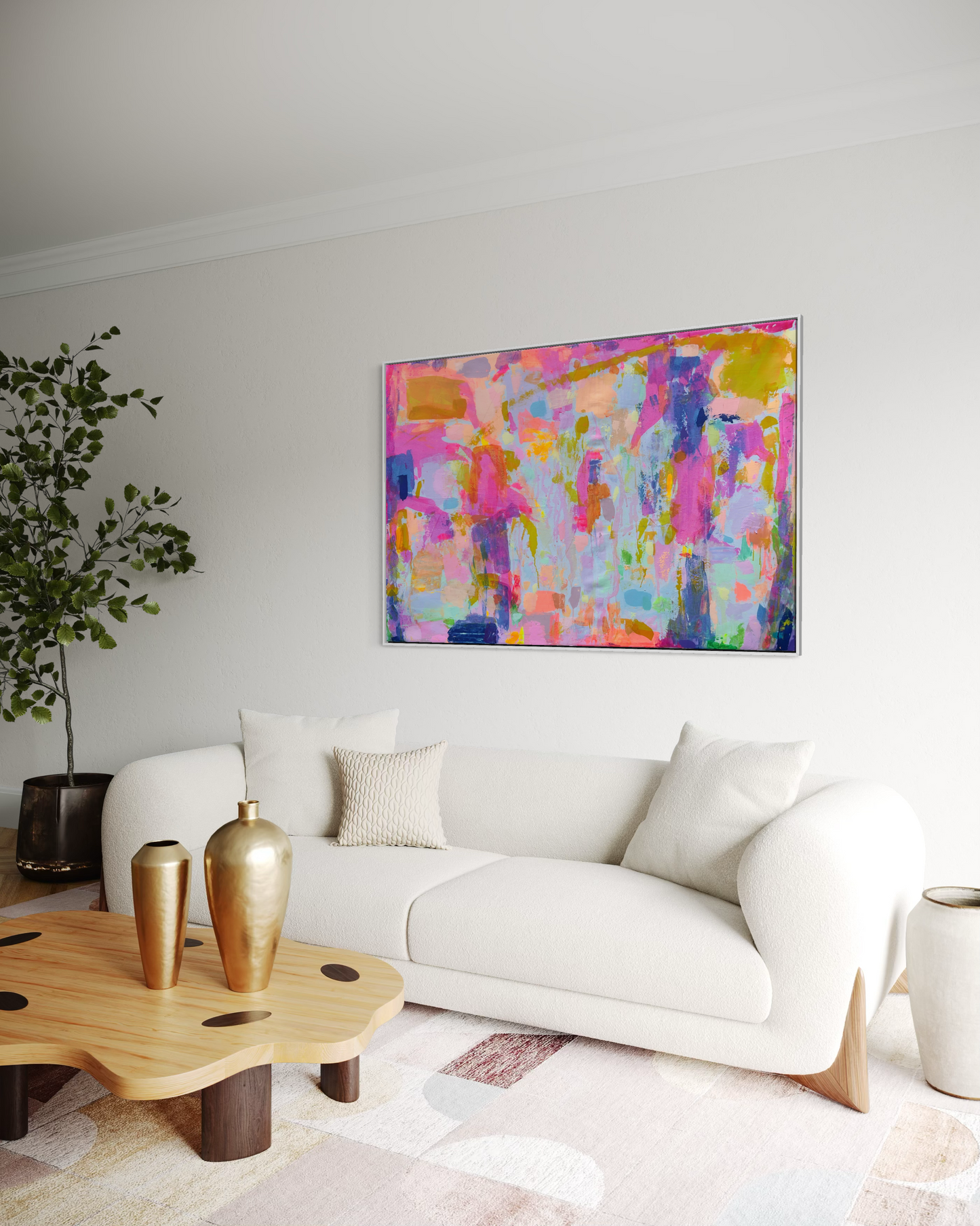 Colorful abstract art print titled "Everyday Happiness" by Kathryn Sillince, measuring 153cm by 103cm, with vibrant brushstrokes.