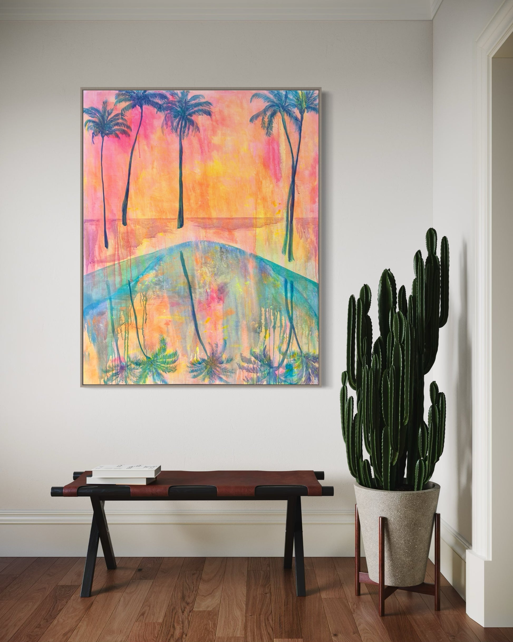 Canvas print titled "Swaying Into Sunset" by Printumo, featuring a vibrant sunset scene with silhouettes of trees and a peaceful landscape.