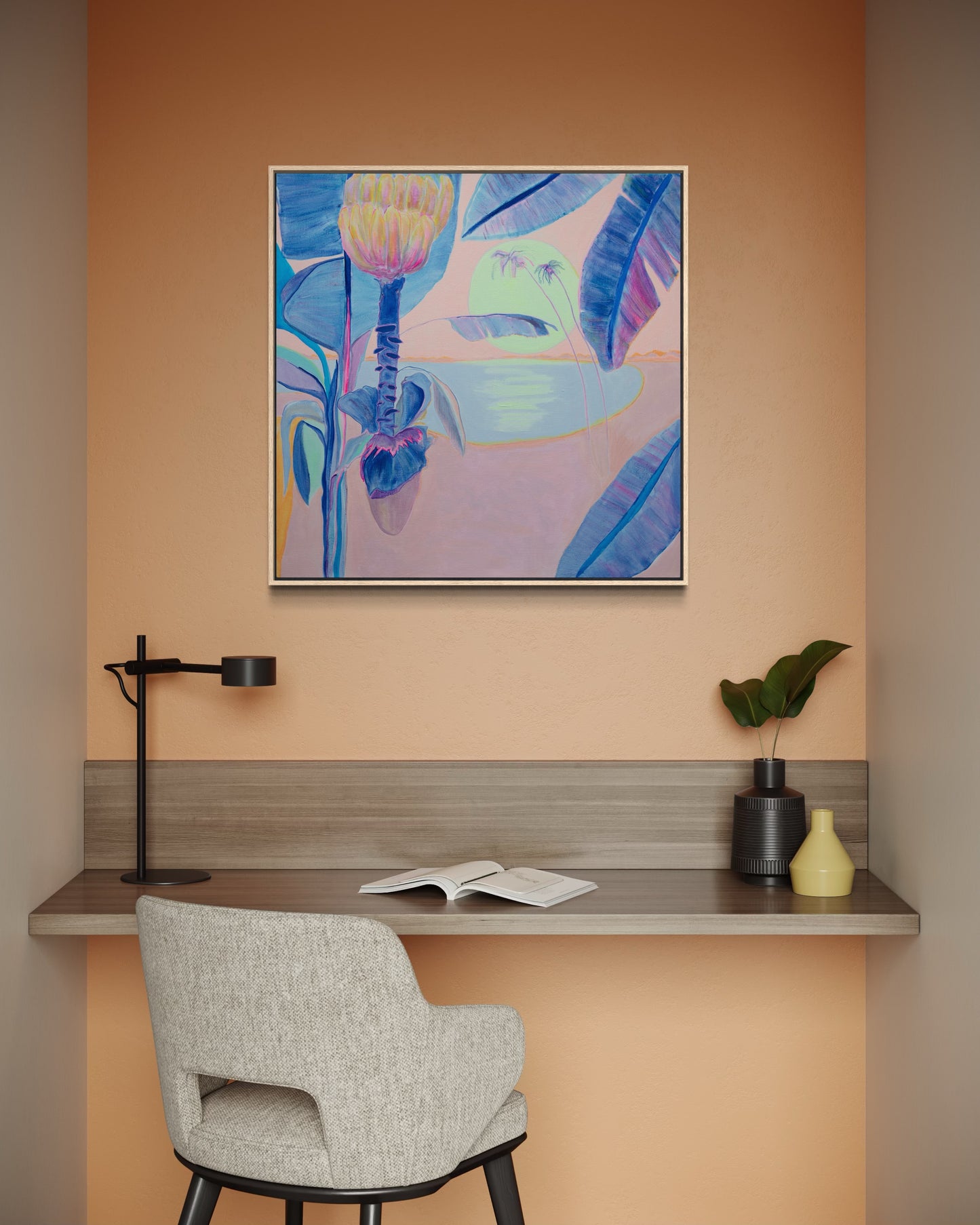 Colorful paper print titled "Flourishing By Moonlight" by Kathryn Sillince Artist, featuring vibrant floral and moonlit scene.