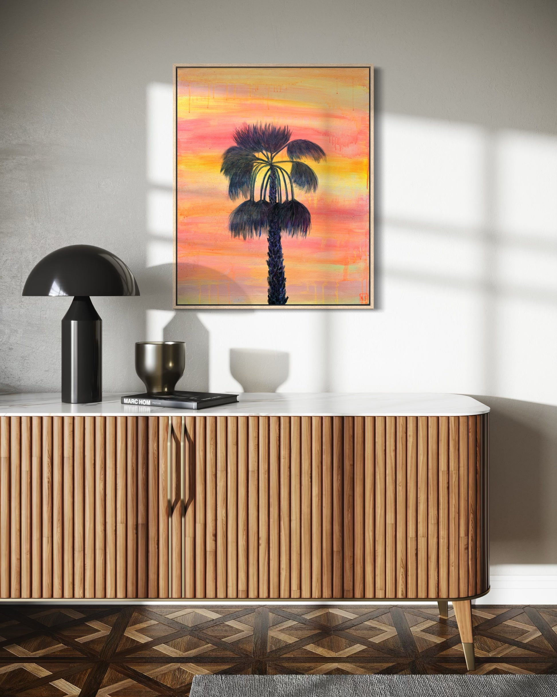 Sunset Solitude artwork by Kathryn Sillince, 66cm x 81cm, featuring a peaceful sunset scene with vibrant colors and tranquil landscape.
