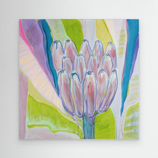 Colorful canvas print of purple and green bananas by Printumo, showcasing vibrant fruit artwork on a high-quality wall art piece.