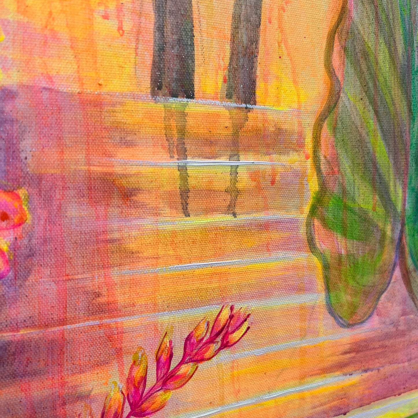 Colorful paper print of a tropical twilight scene by Kathryn Sillince Artist, featuring vibrant sunset and lush foliage.