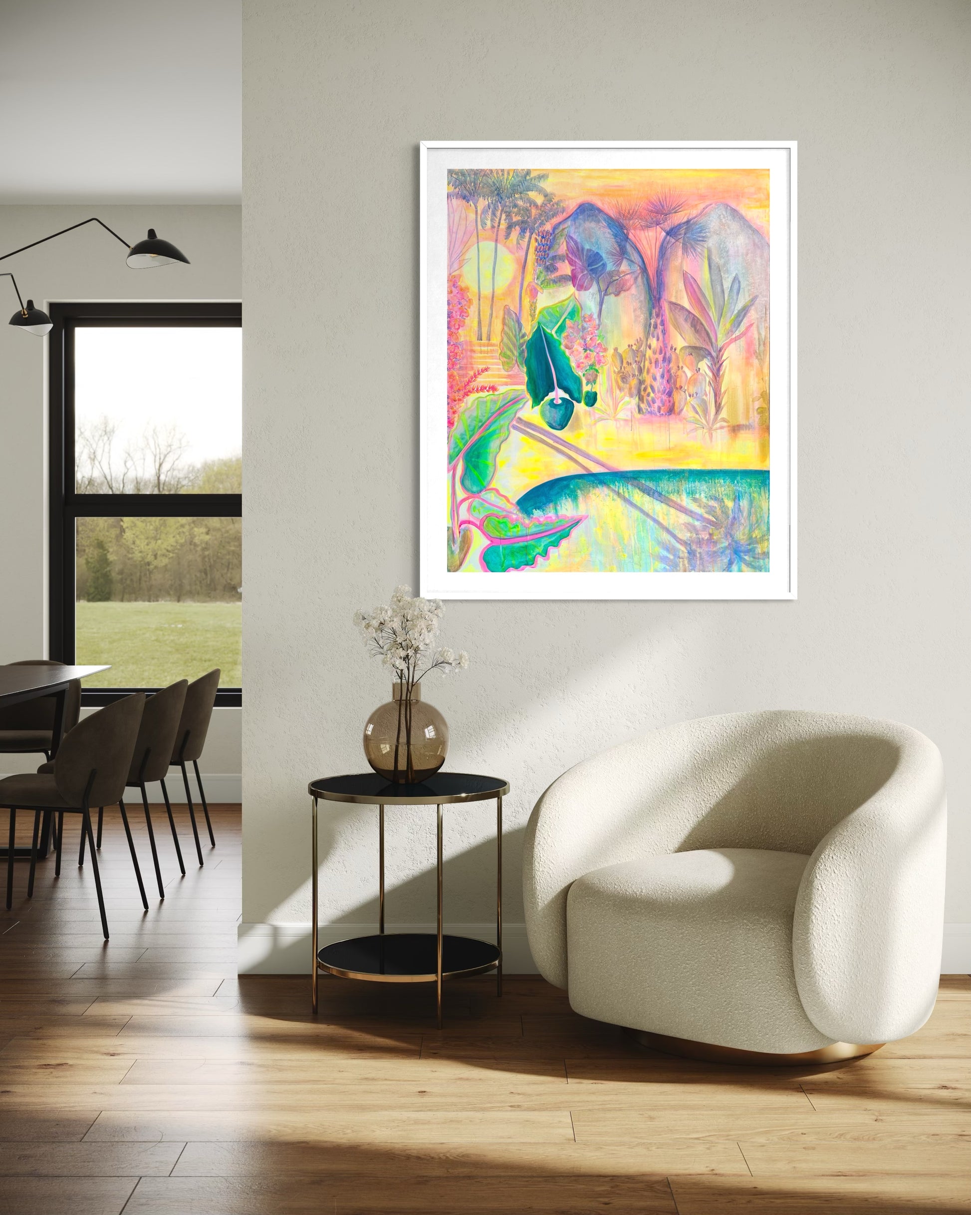 Colorful paper print of a twilight scene by Kathryn Sillince Artist, featuring vibrant hues and intricate tropical landscape details.
