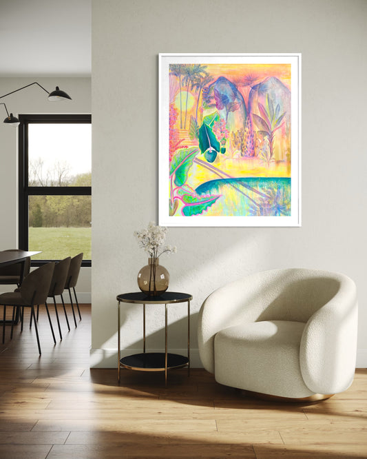 Colorful paper print of a twilight scene by Kathryn Sillince Artist, featuring vibrant hues and intricate tropical landscape details.