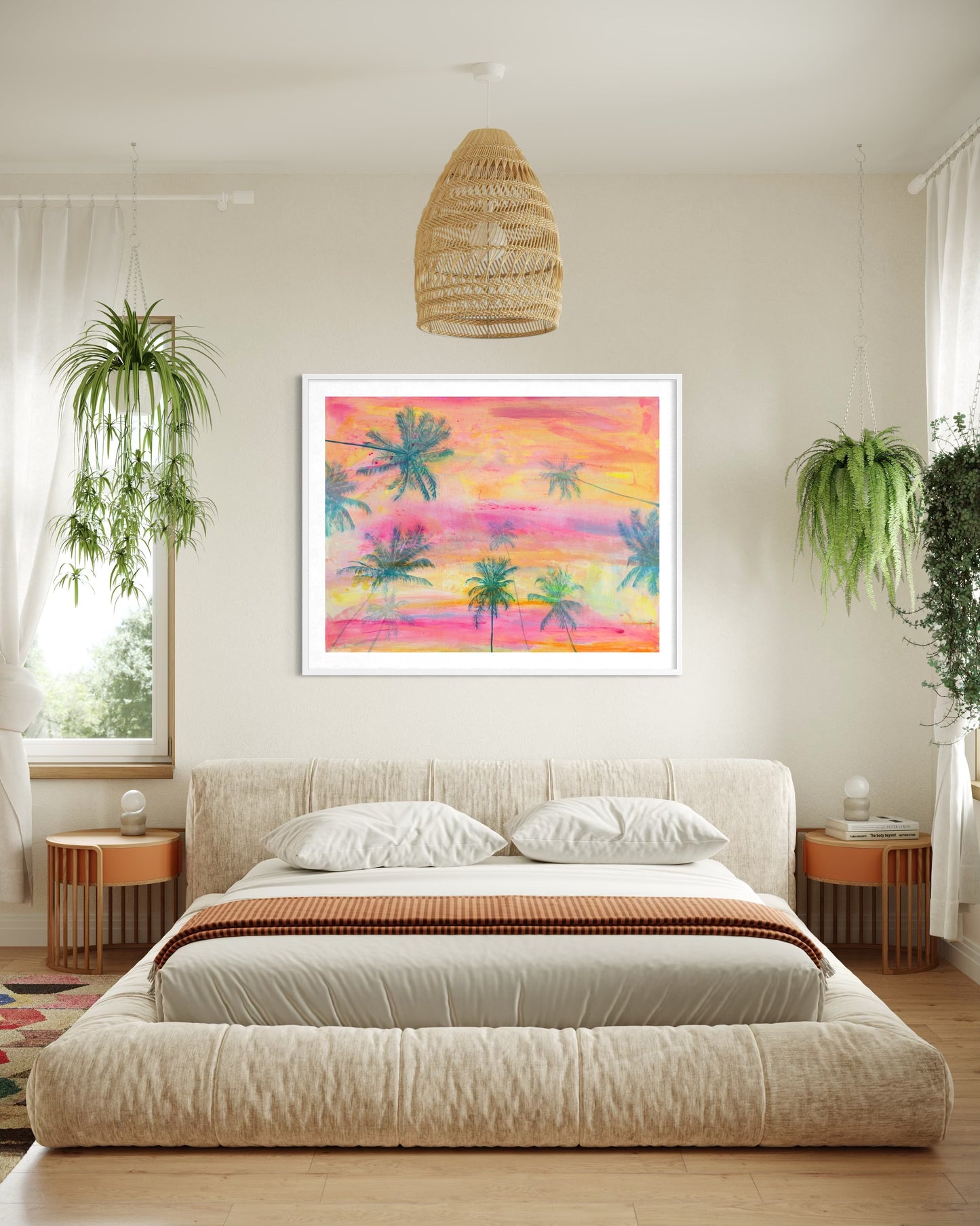 Paper print titled "Lie With Me At Sunset" by Kathryn Sillince Artist, featuring a serene sunset scene with figures lying on the ground.