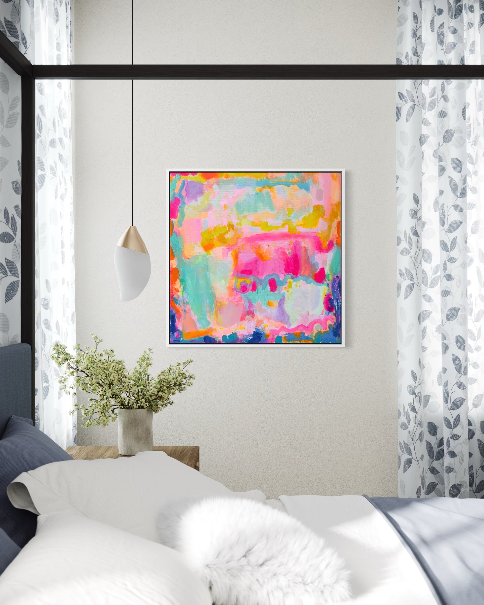 Kathryn Sillince Artist 'Summer Loving' 80cm x 80cm abstract artwork with vibrant, warm tones and textured brushstrokes in a square format.