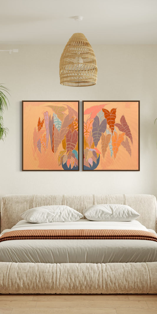 Burnt Coral Alocasia and Begonia diptych artwork by Kathryn Sillince, featuring vibrant botanical illustrations on 83cm by 67cm canvas.