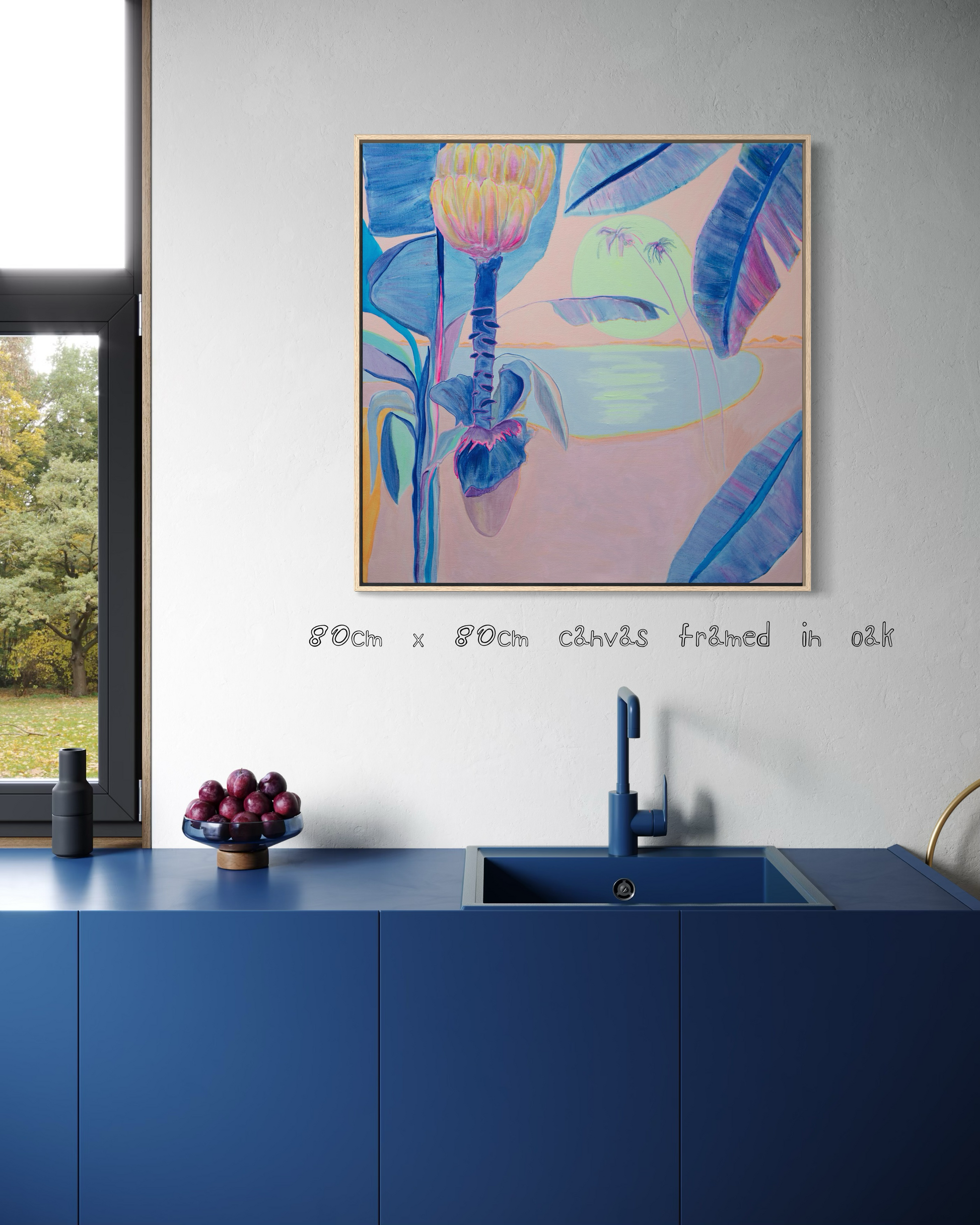 Colorful paper print of blooming flowers and moonlit night by Kathryn Sillince Artist, titled “Flourishing By Moonlight”.