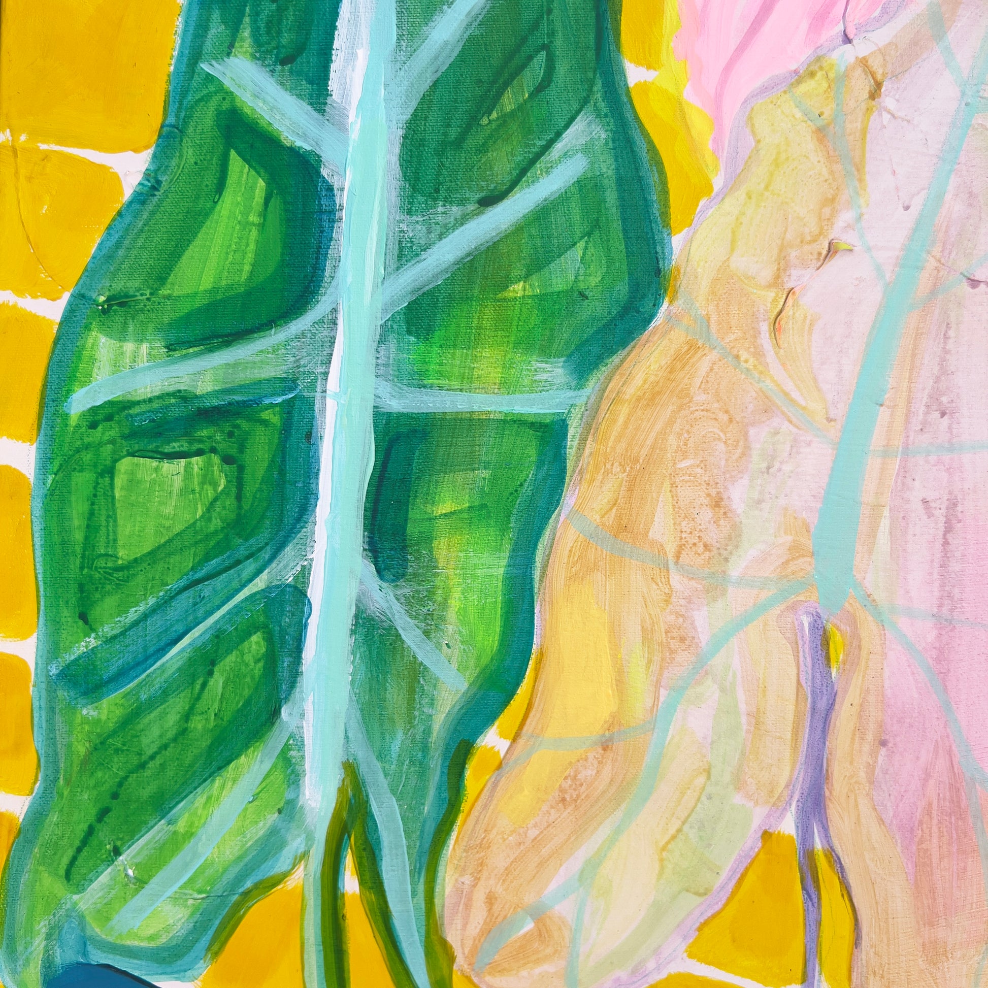 Colorful paper print titled "The Yellow Shutter" by Kathryn Sillince Artist, featuring vibrant yellow and intricate design details.