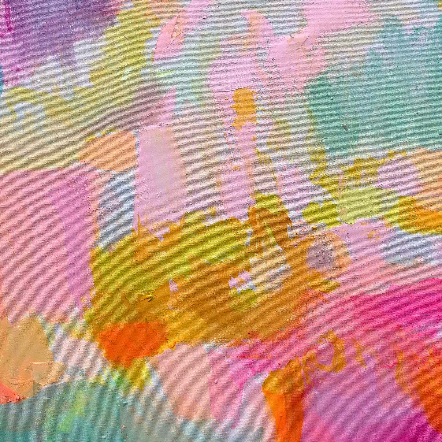 Kathryn Sillince Artist's 'Summer Loving' 80cm x 80cm abstract art print with vibrant colors and floral-inspired design.