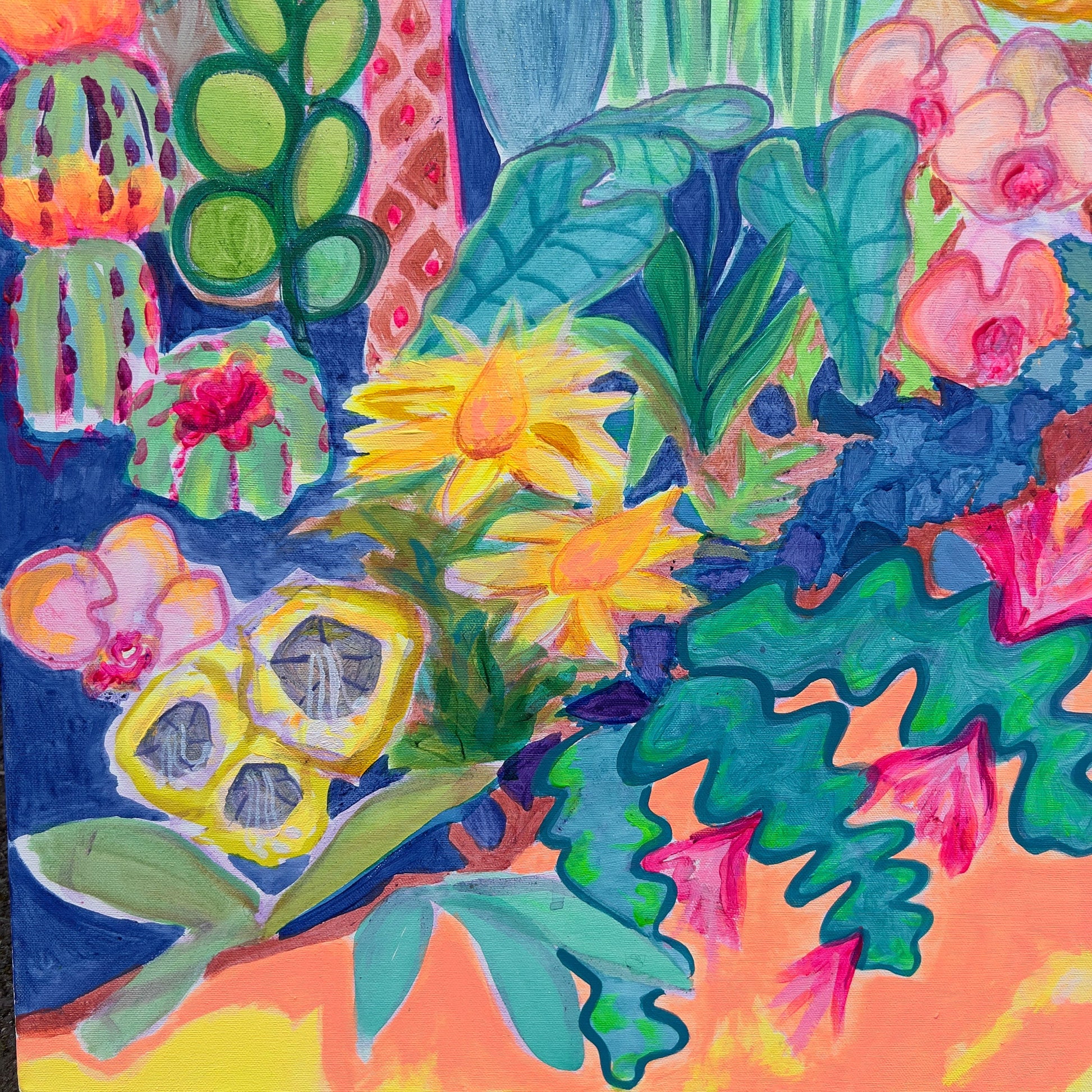 Kathryn Sillince Artist Paradise Gardens 122cm x 122cm art print showing vibrant garden scene with lush foliage and colorful flowers.