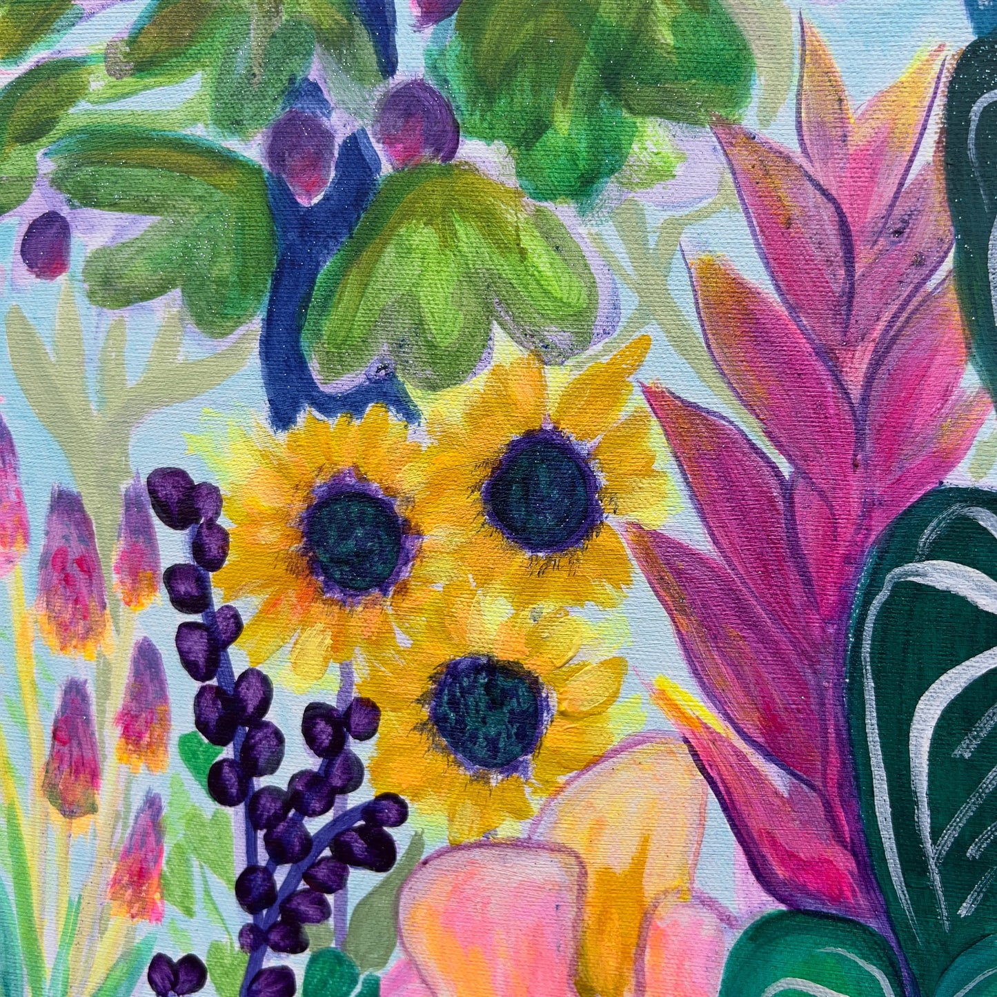 Kathryn Sillince Artist Paradise Gardens 122cm x 122cm vibrant botanical artwork with lush greenery and colorful flowers.