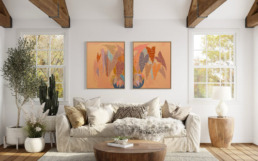Botanical print set featuring Peachy Alocasia artwork by Kathryn Sillince Artist, showcasing vibrant tropical plant illustrations.