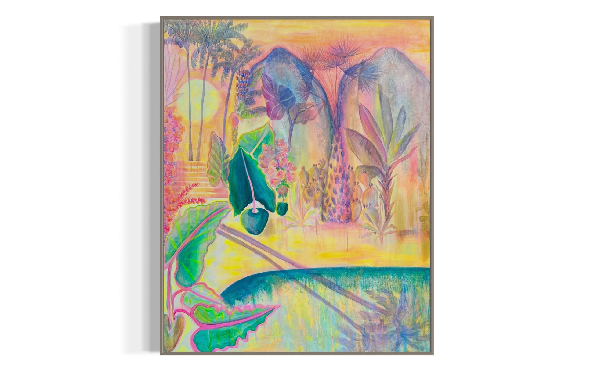 Colorful canvas print of a twilight tropics scene by Printumo, featuring vibrant sunset and lush tropical foliage.