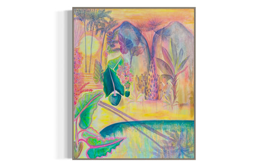 Colorful canvas print of a twilight tropics scene by Printumo, featuring vibrant sunset and lush tropical foliage.