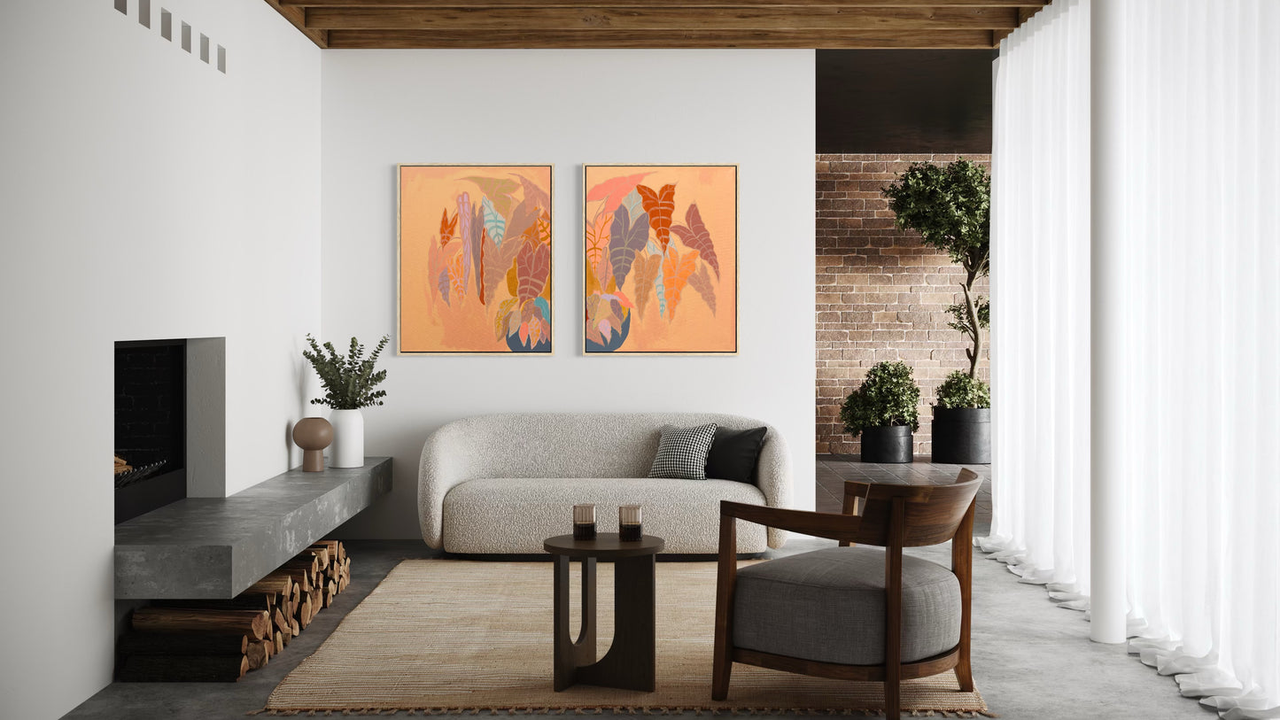 Botanical print set featuring peachy Alocasia diptych by Kathryn Sillince Artist, showcasing vibrant plant illustrations on textured paper.