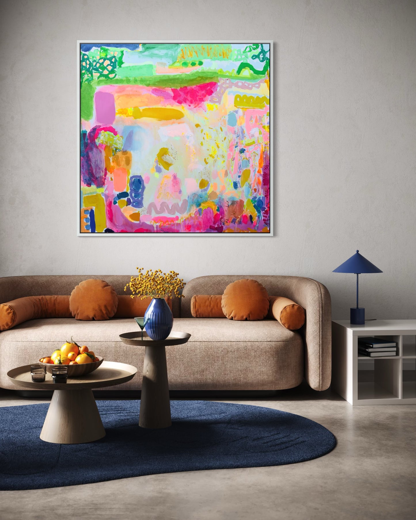 Close-up of Kathryn Sillince Artist’s “The Time Of Our Lives” 122cm x 122cm colorful abstract art painting.