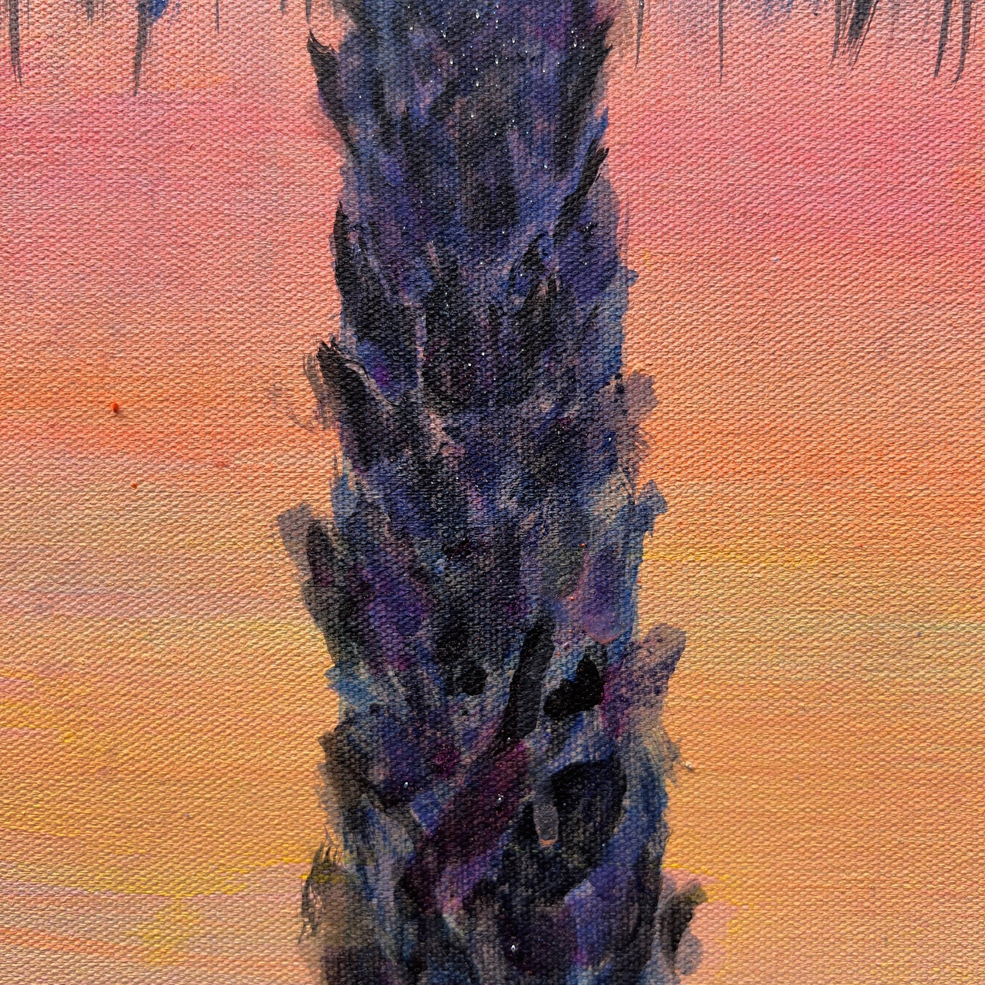 Sunset Solitude artwork by Kathryn Sillince, 66cm x 81cm, featuring a serene sunset scene with vibrant colors and tranquil landscape.