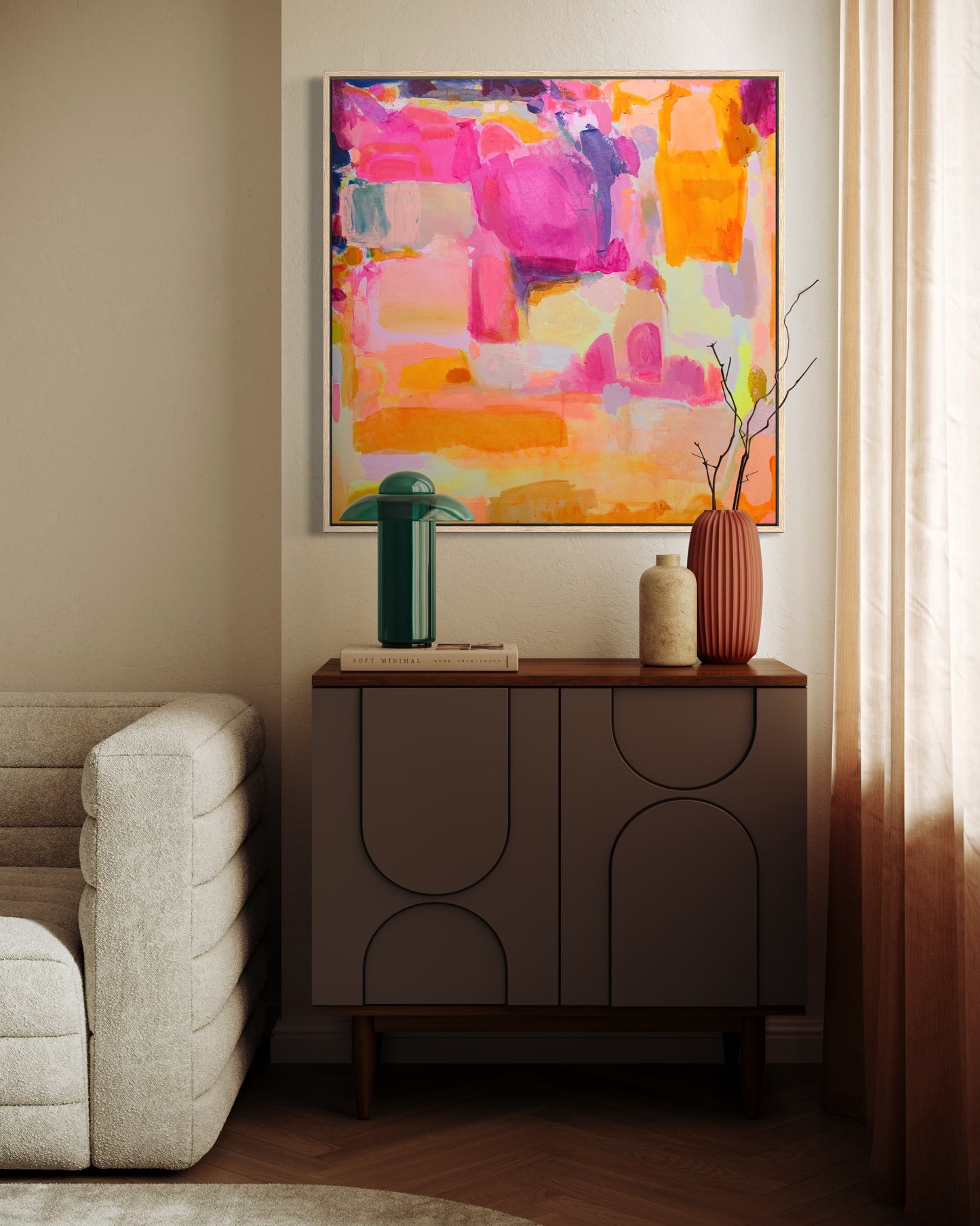 Sunbeams and Daydreams by Kathryn Sillince Artist, 92cm x 92cm abstract painting with warm sunlit colors and dreamy landscape elements.