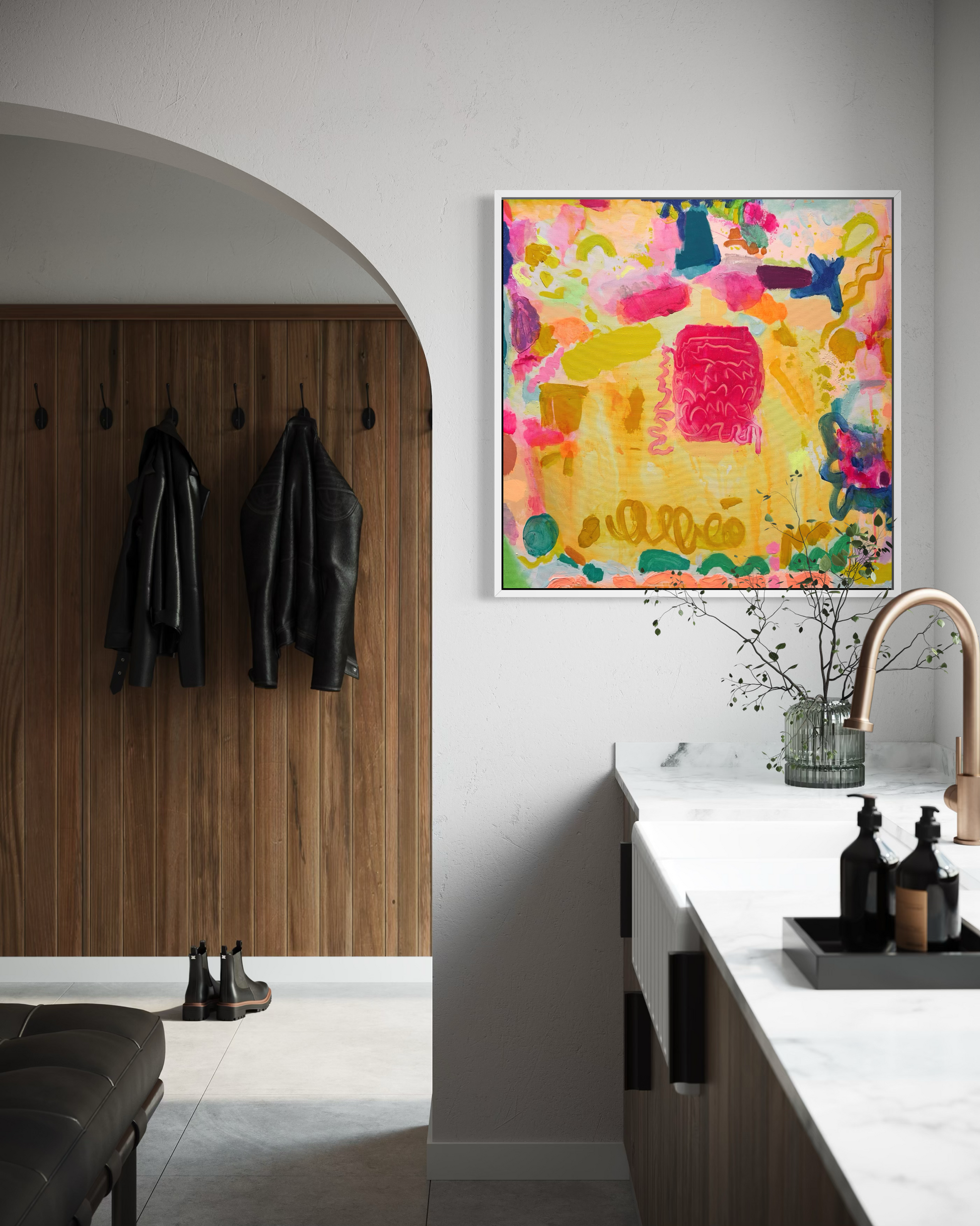 Colorful abstract art print titled "Sweeties" by Kathryn Sillince, 61cm x 61cm, featuring vibrant, playful design elements.