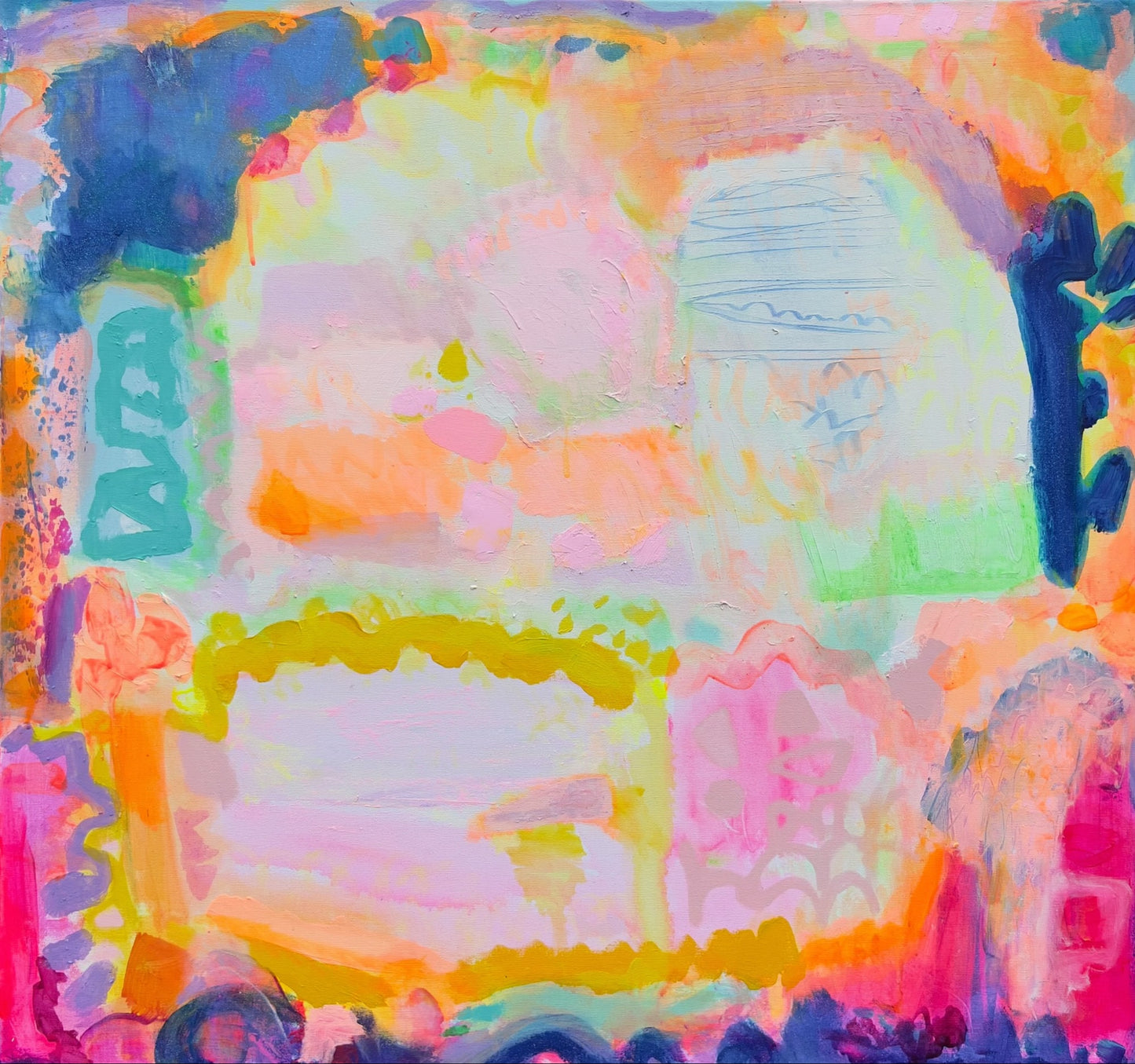 Colorful abstract artwork titled "Ravishing" by Kathryn Sillince Artist, measuring 80cm by 80cm, featuring vibrant brushstrokes and textures.